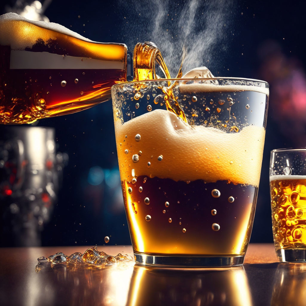 Frothy beer overflowing glass with bubbles on bar background