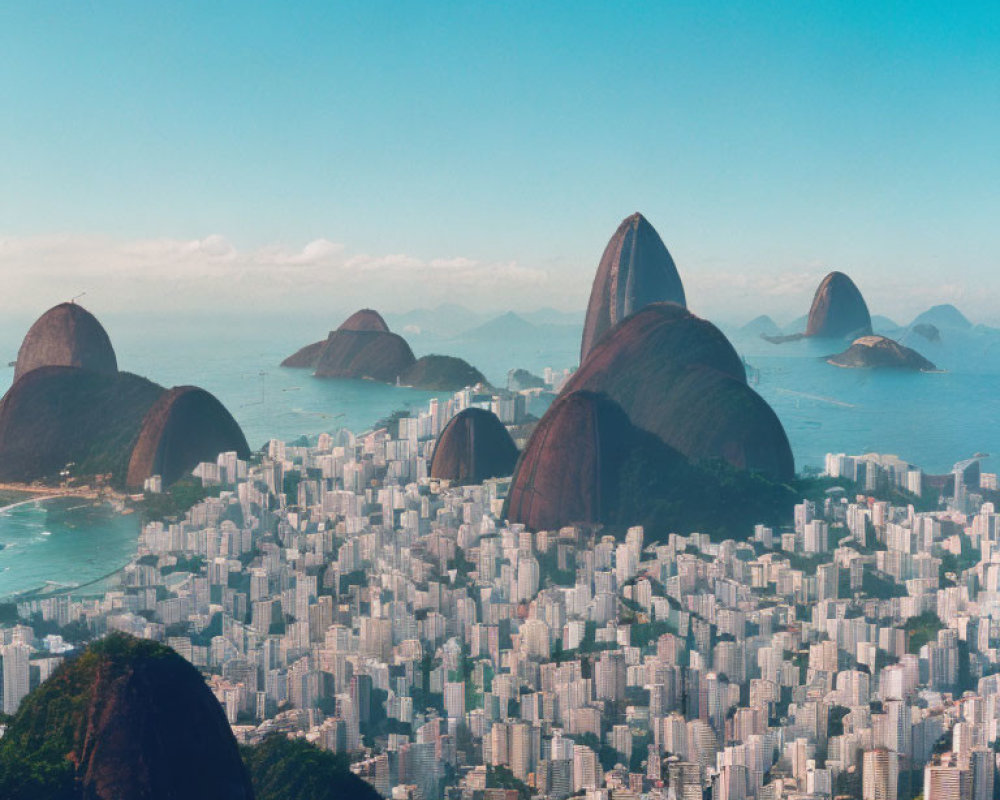 Densely populated city with skyscrapers and coastal mountains under clear sky