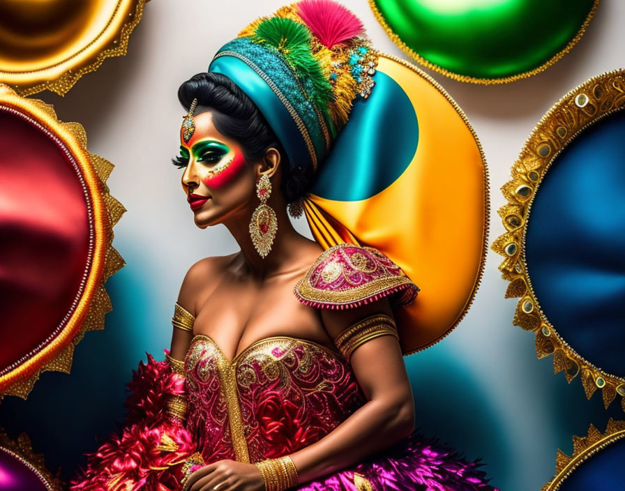 Colorful Woman in Carnival Attire with Headdress and Balloons