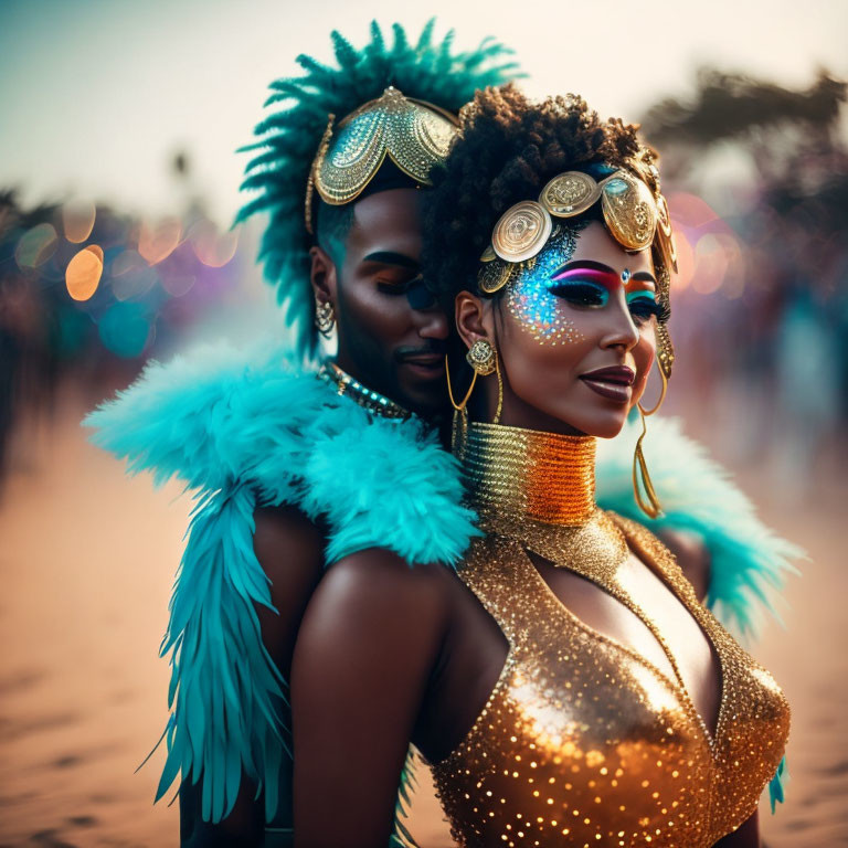 Colorful festival attendees in ornate feathered costumes and golden accessories.