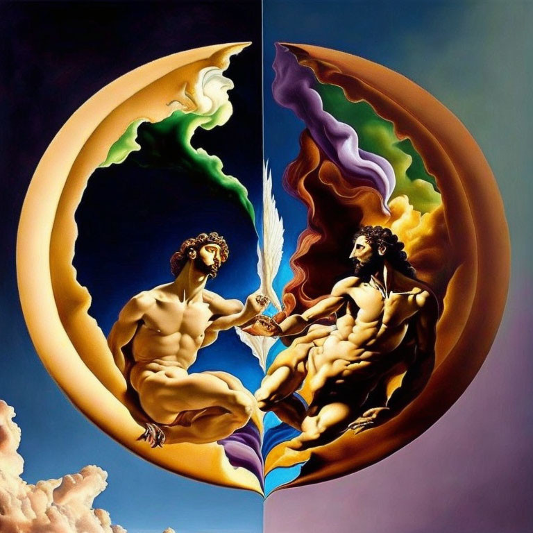 Muscular Figures in Split Circular Frame with Stylized Clouds