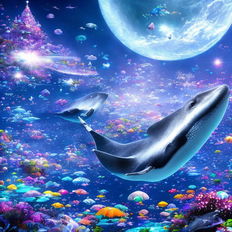 Colorful Underwater Scene with Whales, Coral Reefs, and Planets