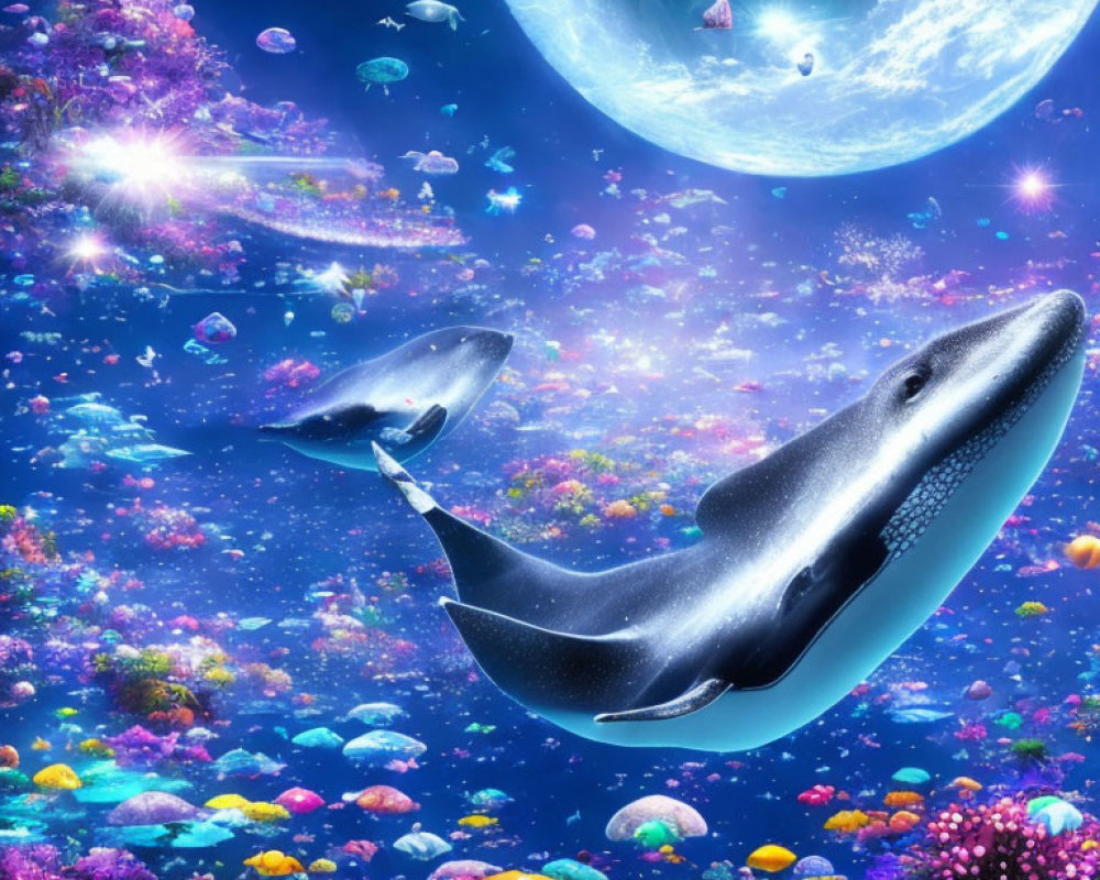 Colorful Underwater Scene with Whales, Coral Reefs, and Planets