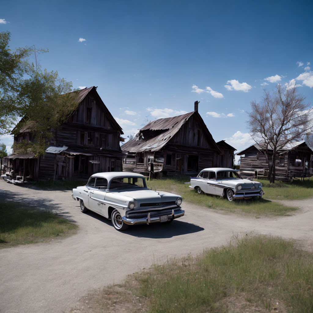 Vintage Cars Parked in Front of Old Wooden Houses in Deserted Ghost Town