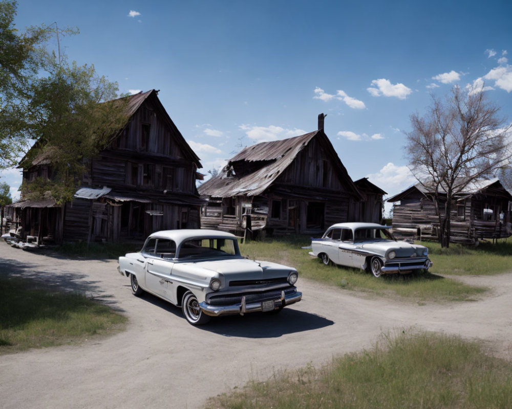 Vintage Cars Parked in Front of Old Wooden Houses in Deserted Ghost Town