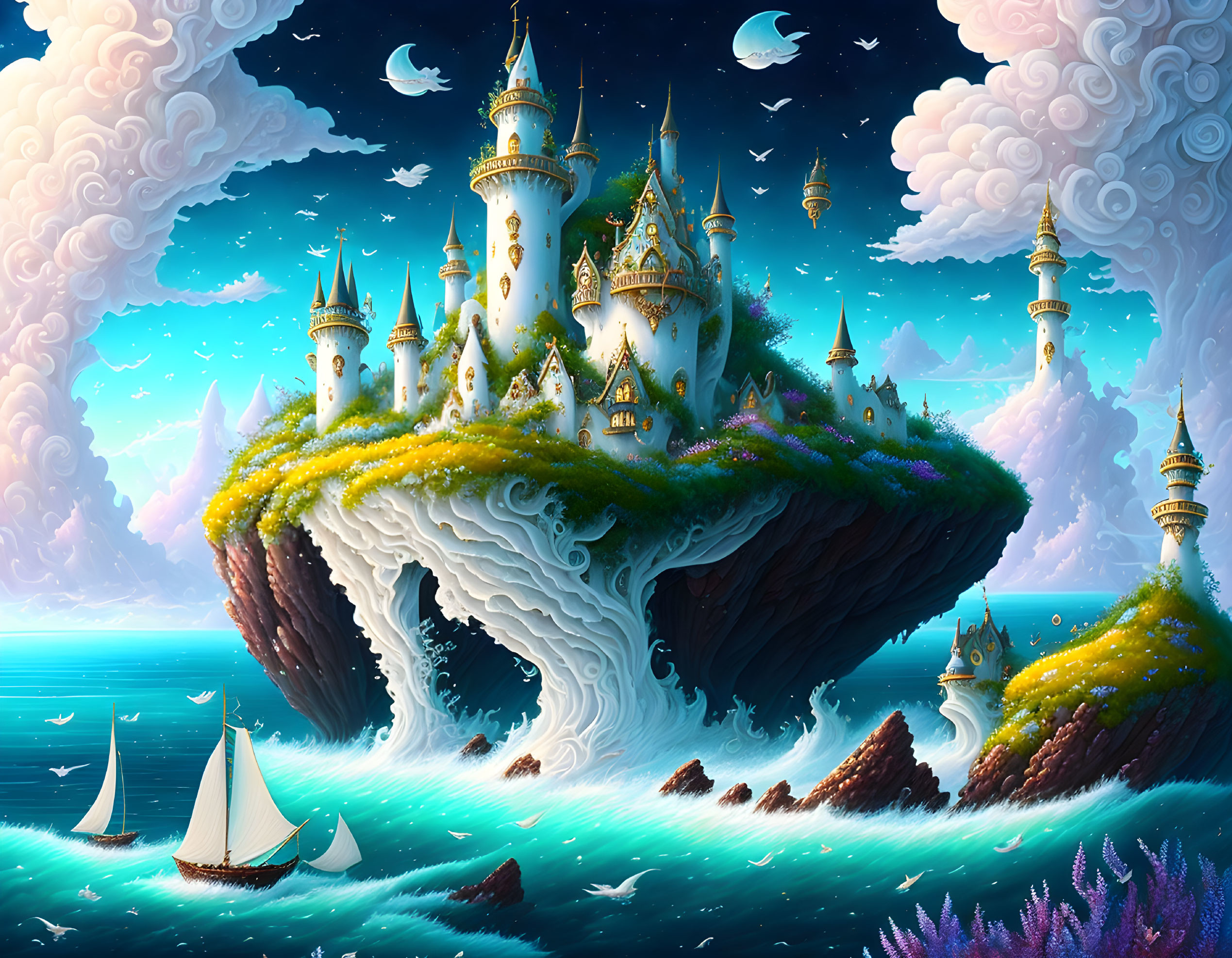 Majestic castle on floating island with waterfalls, birds, ships, and underwater world