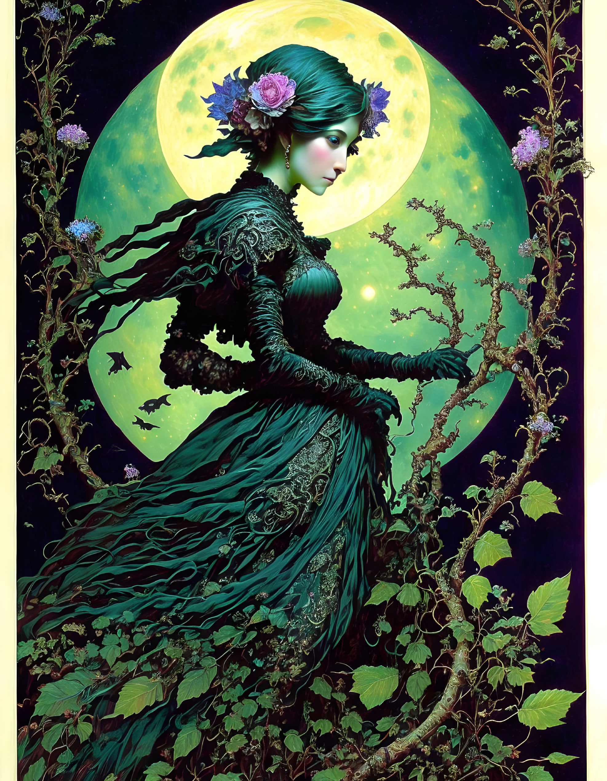 Illustrated woman in green and black attire merging with a tree under a luminous full moon.