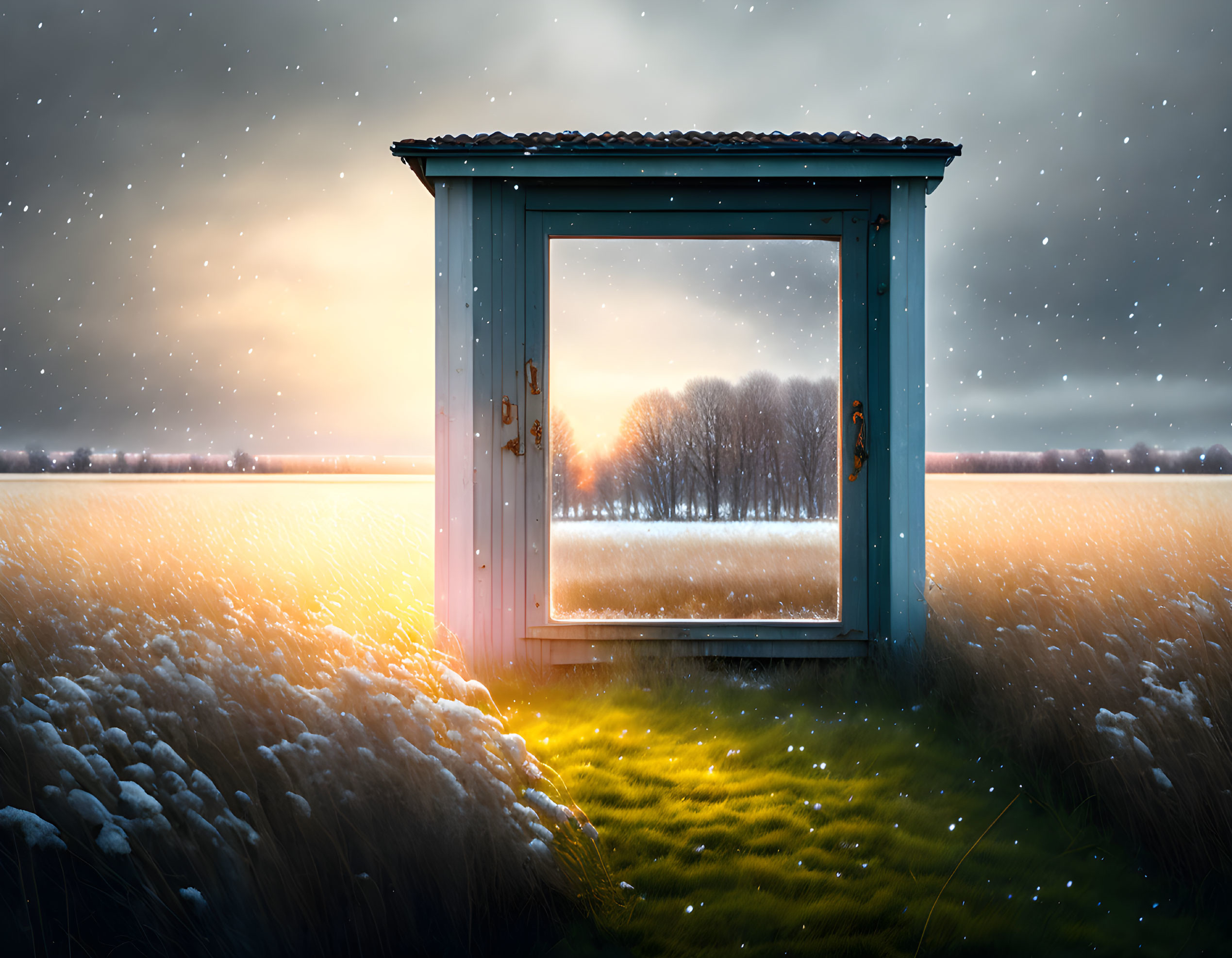 Landscape with standalone door frame in snowy foreground