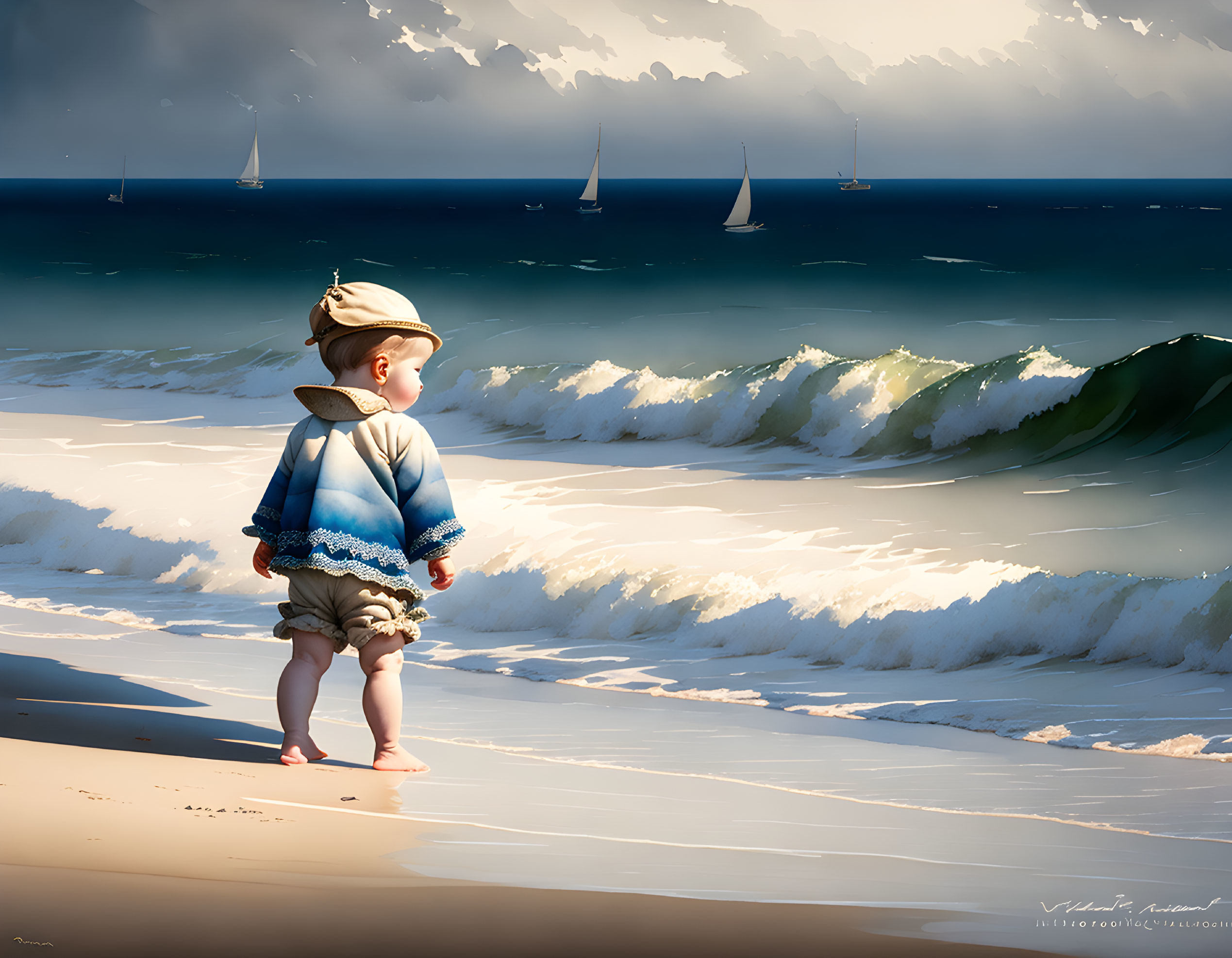 Toddler in sailor outfit on beach looks at sailboats in ocean