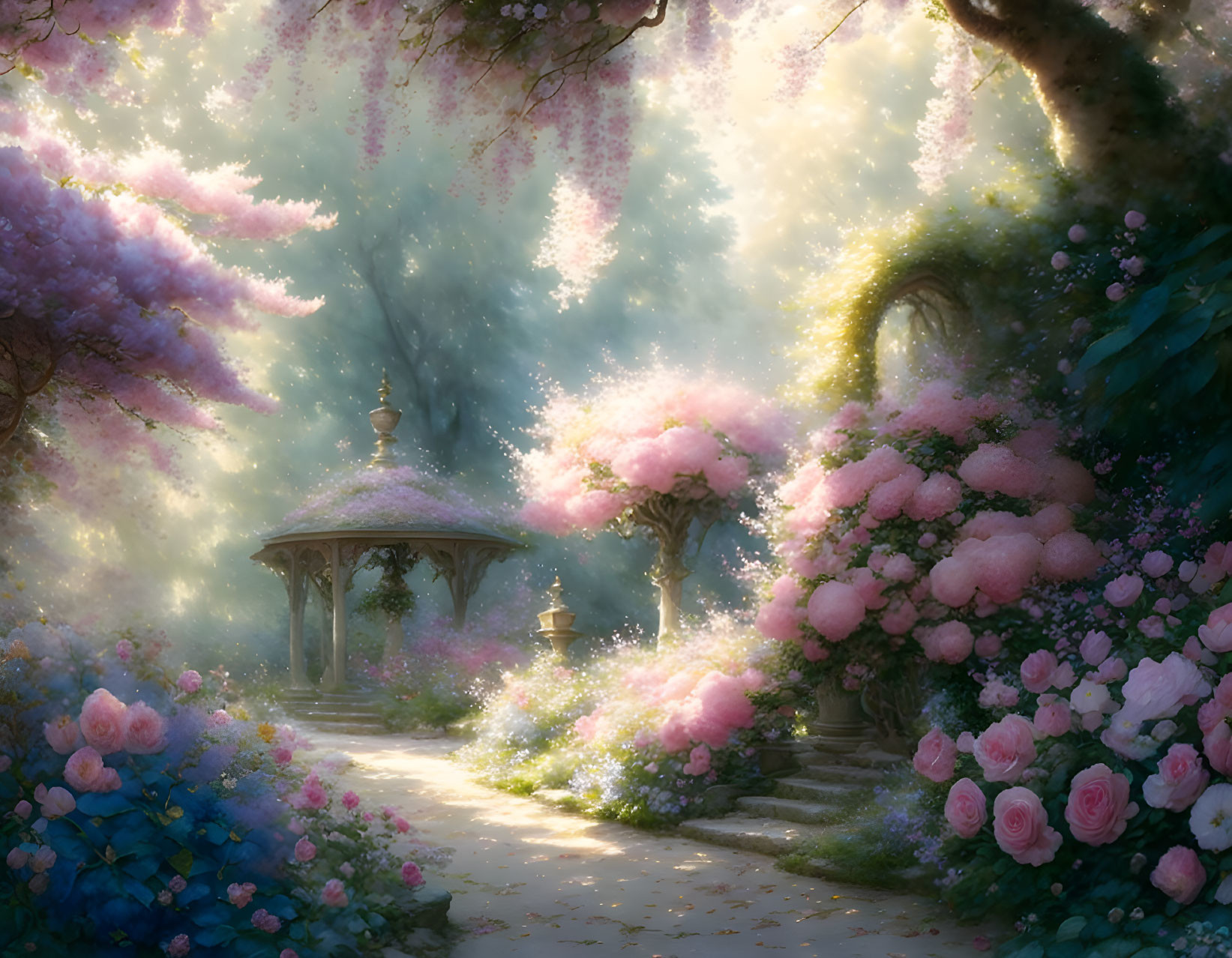 Enchanted garden with gazebo, pink trees, roses, and cobblestone path