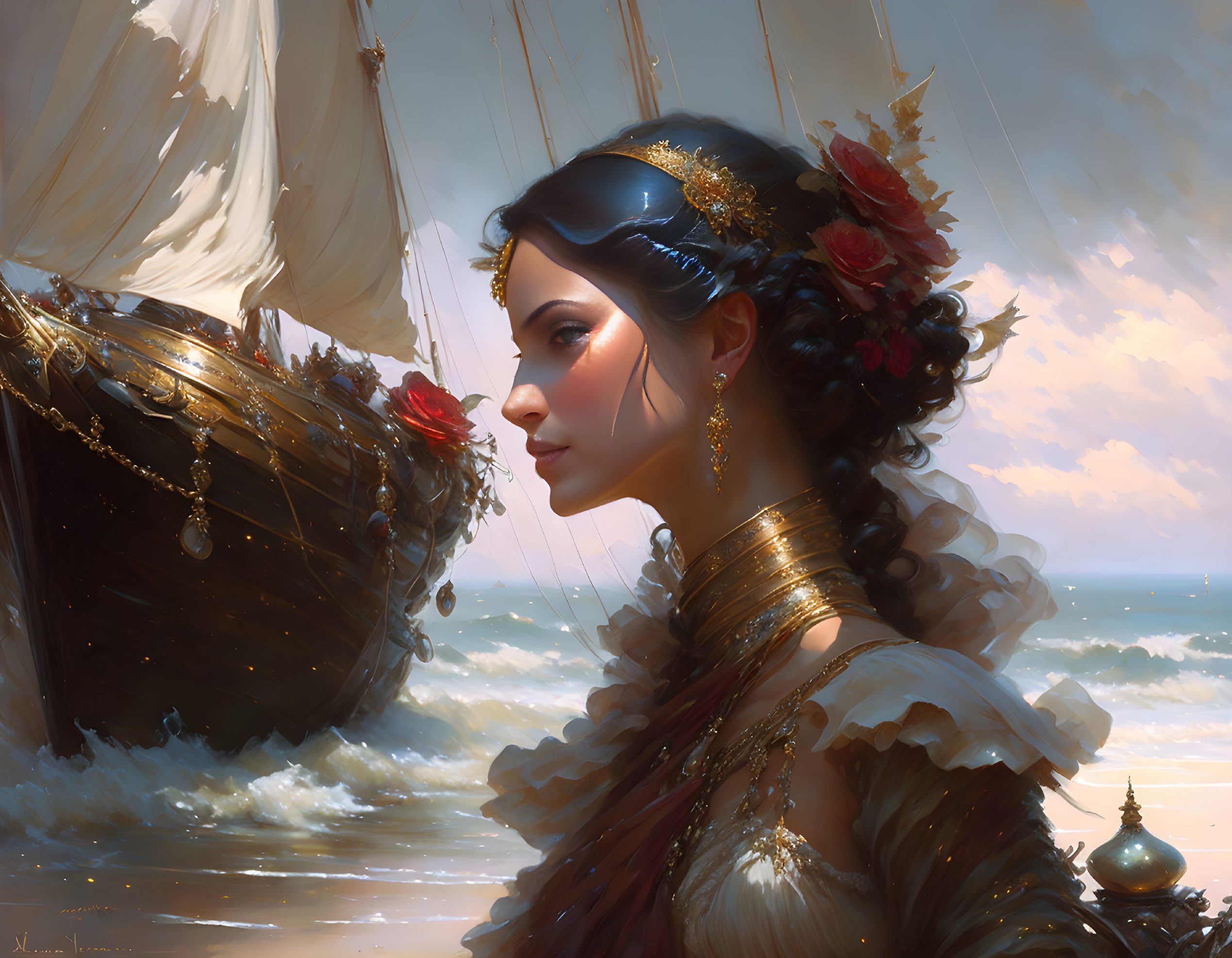 Regal woman in golden gown by ship on shoreline