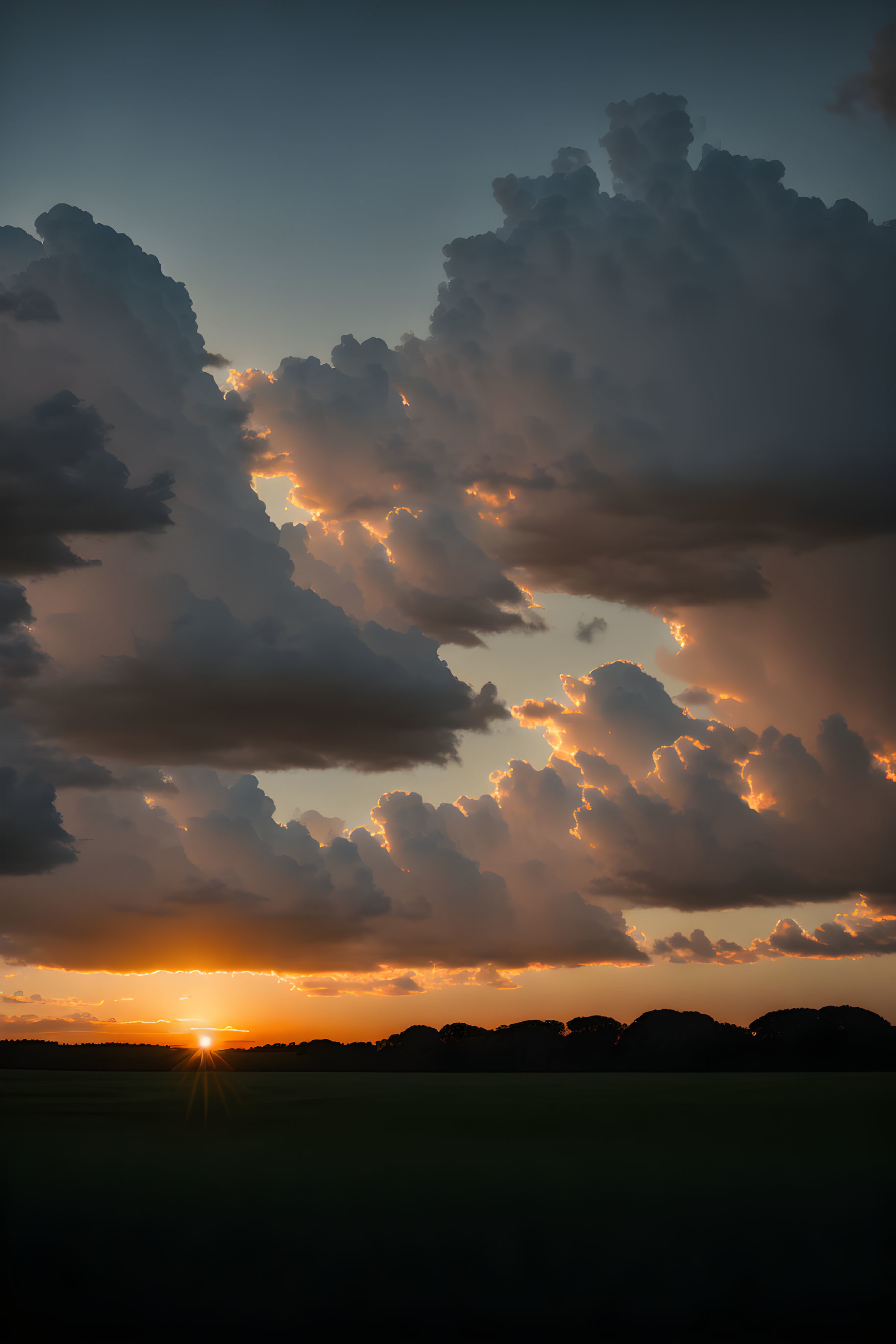 Vibrant sunset with radiant clouds over dark treeline