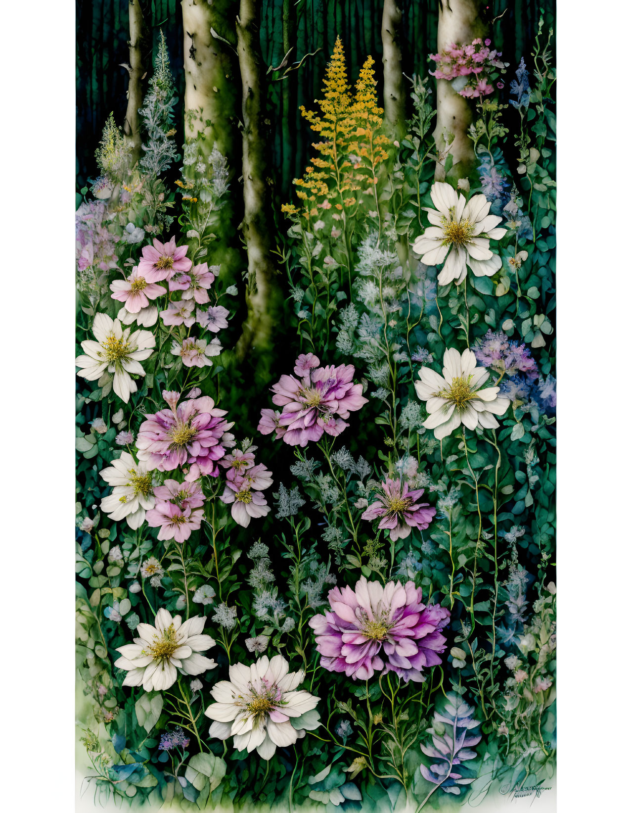 Forest painting: Birch trees, wildflowers, green foliage