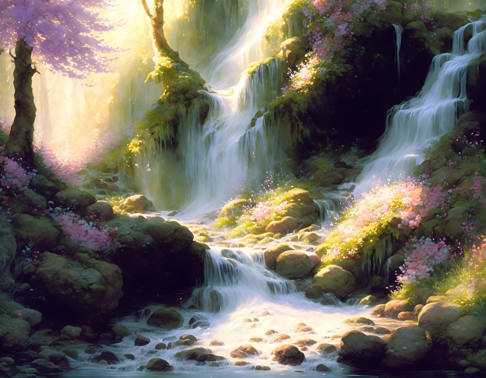 Tranquil forest landscape with sunlight, waterfalls, streams, and pink blossoms