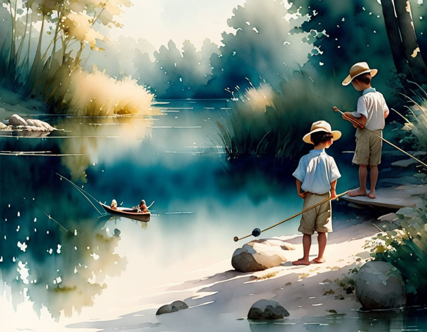 Children fishing at serene riverbank surrounded by lush greenery