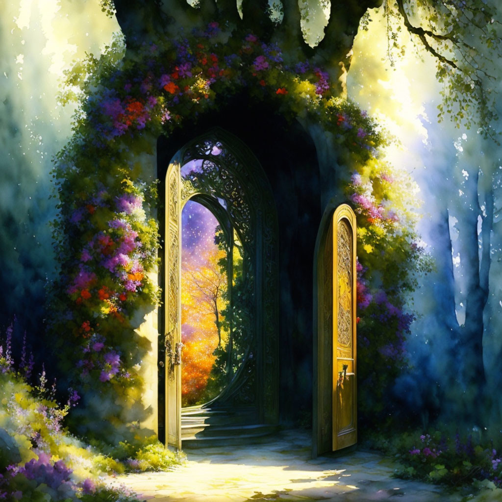 Vibrant forest scene with ornate door and colorful sunlight