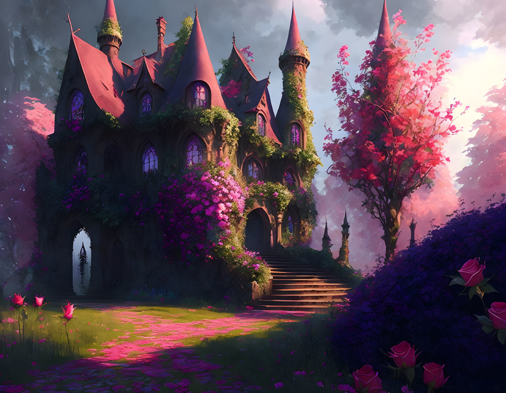 Enchanting castle surrounded by pink and purple trees and vibrant flowers