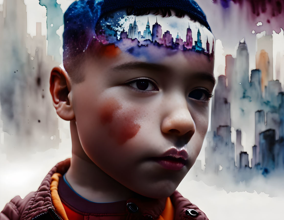 Young child in colorful cityscape hat against urban backdrop