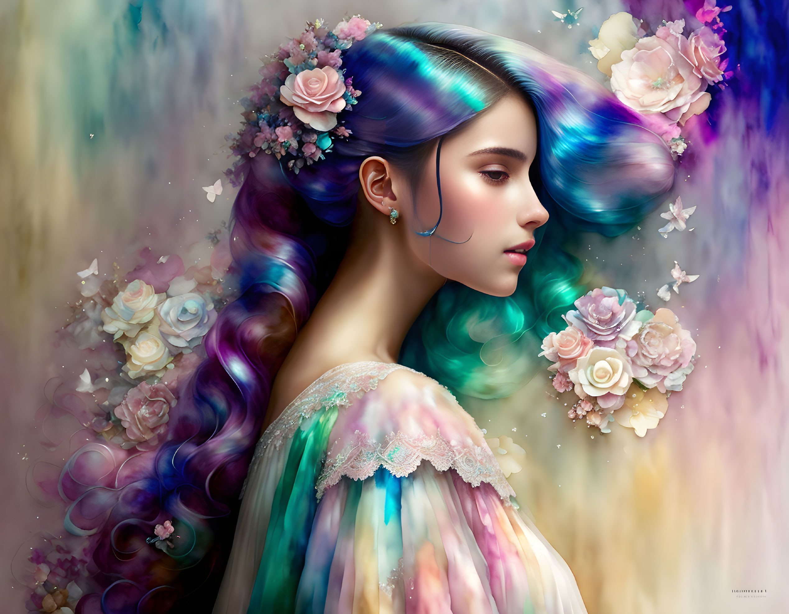 Iridescent Hair Woman Artwork with Pastel Palette