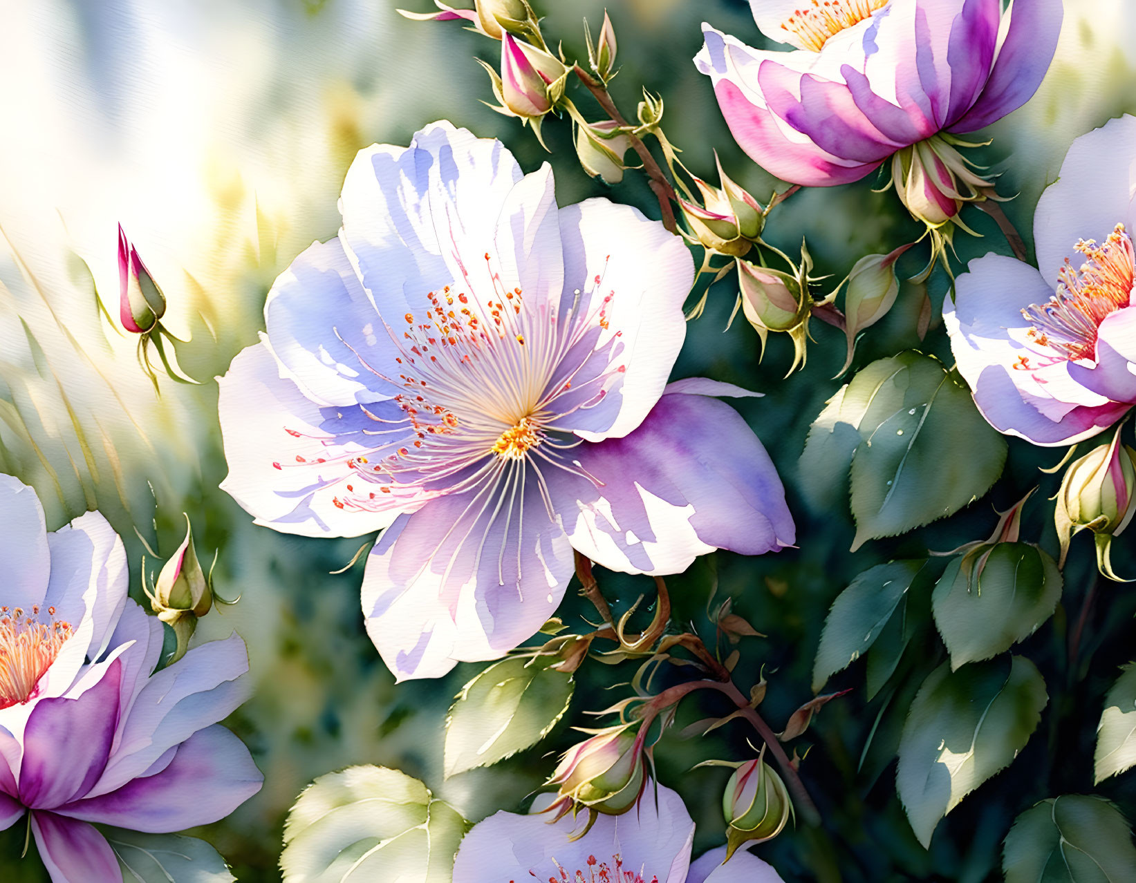 Purple and White Flowers with Stamens in Soft Sunlight