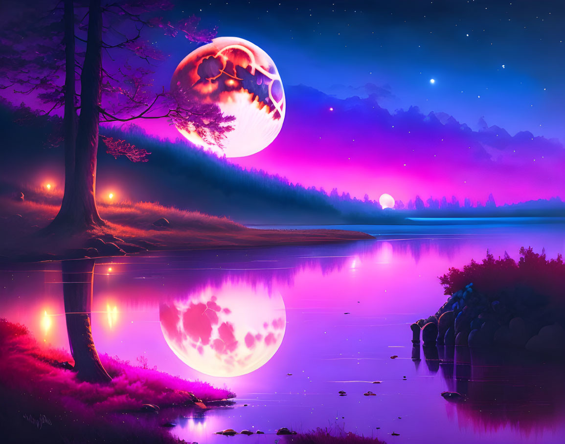 Digital Art: Pink Moon Rising Over Serene Lake & Purple Forest