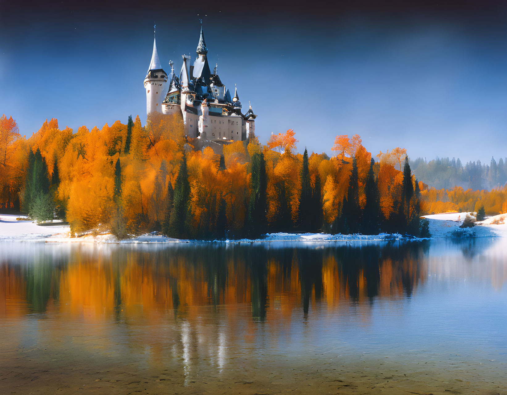 Castle with spires on forested hill by autumn lake and blue sky