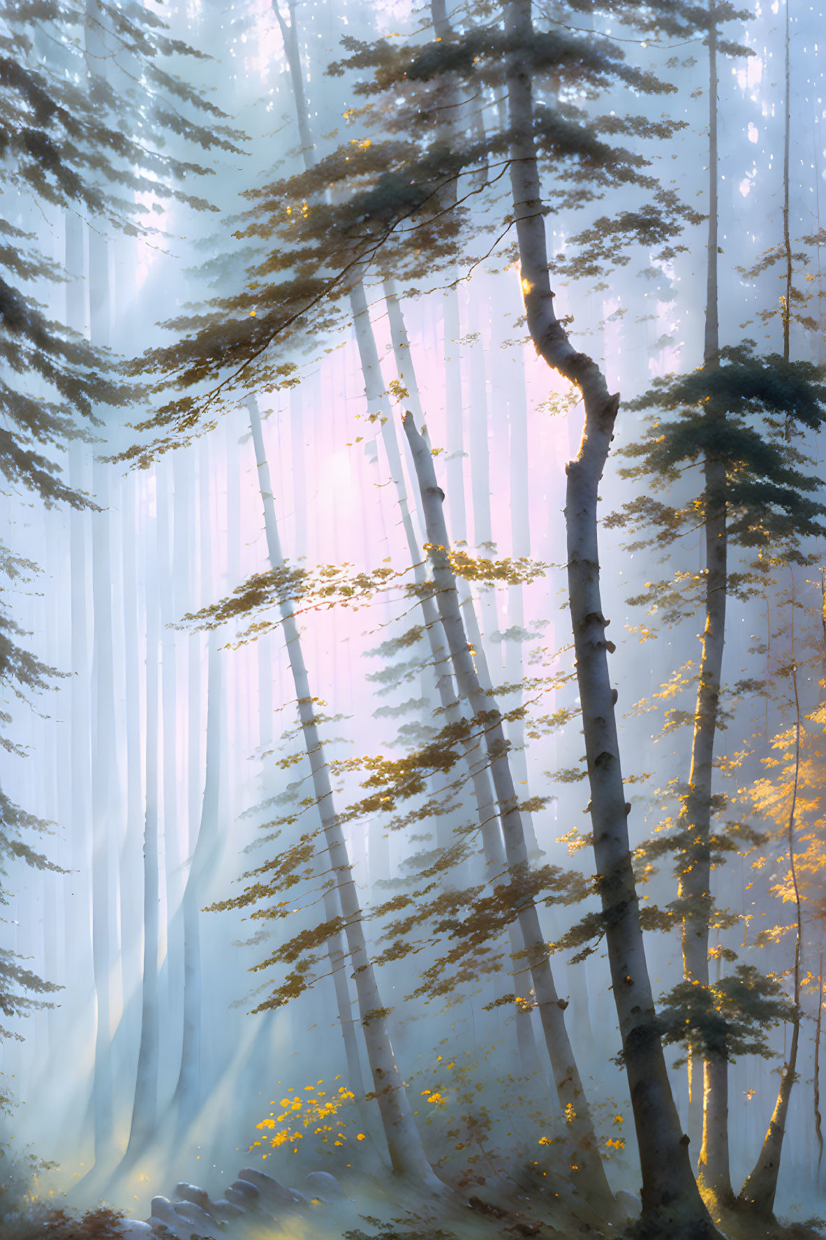 Misty forest with golden leaves under warm sunlight