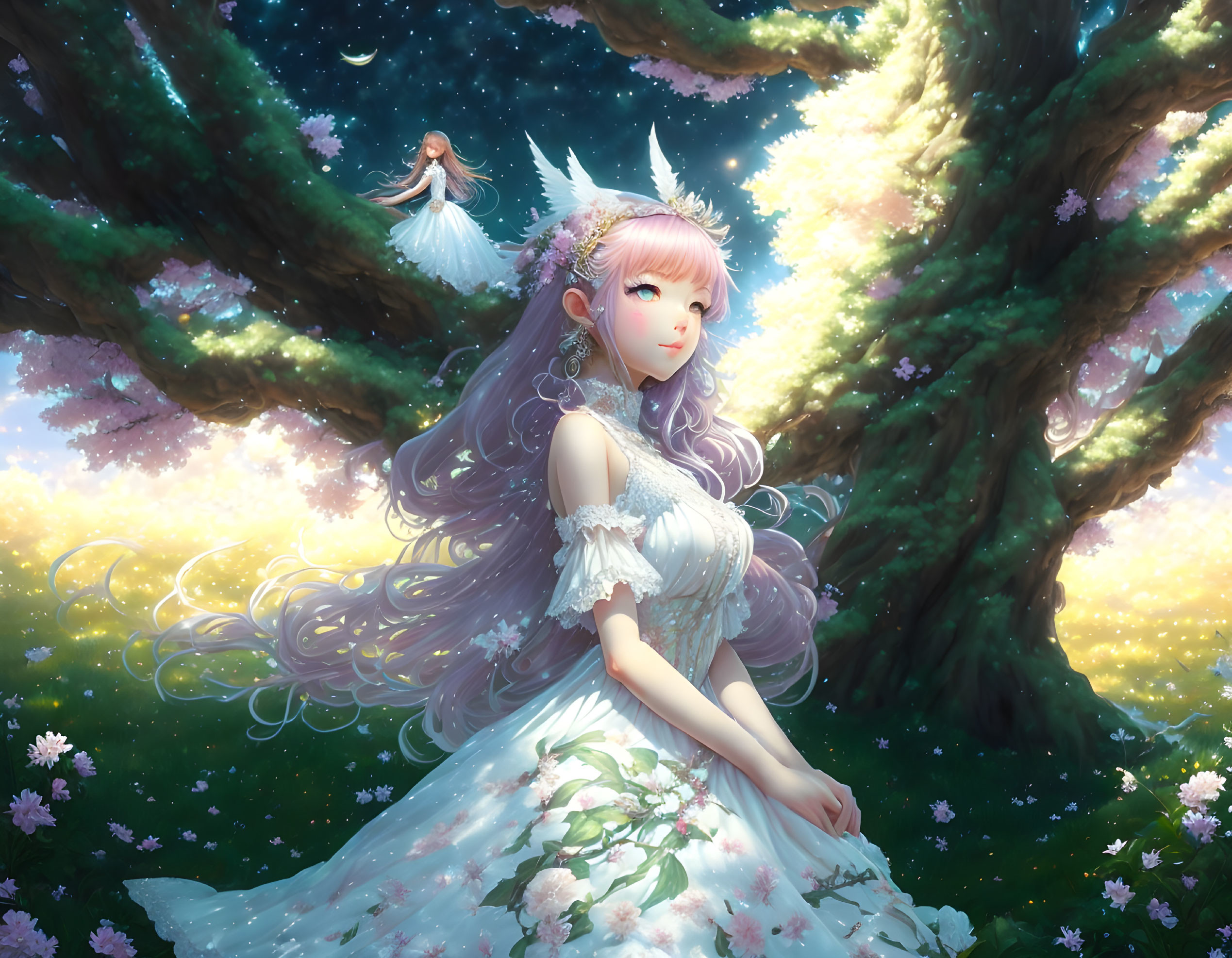 Fantasy illustration of girl, fairy, and glowing blossoms in lush green setting