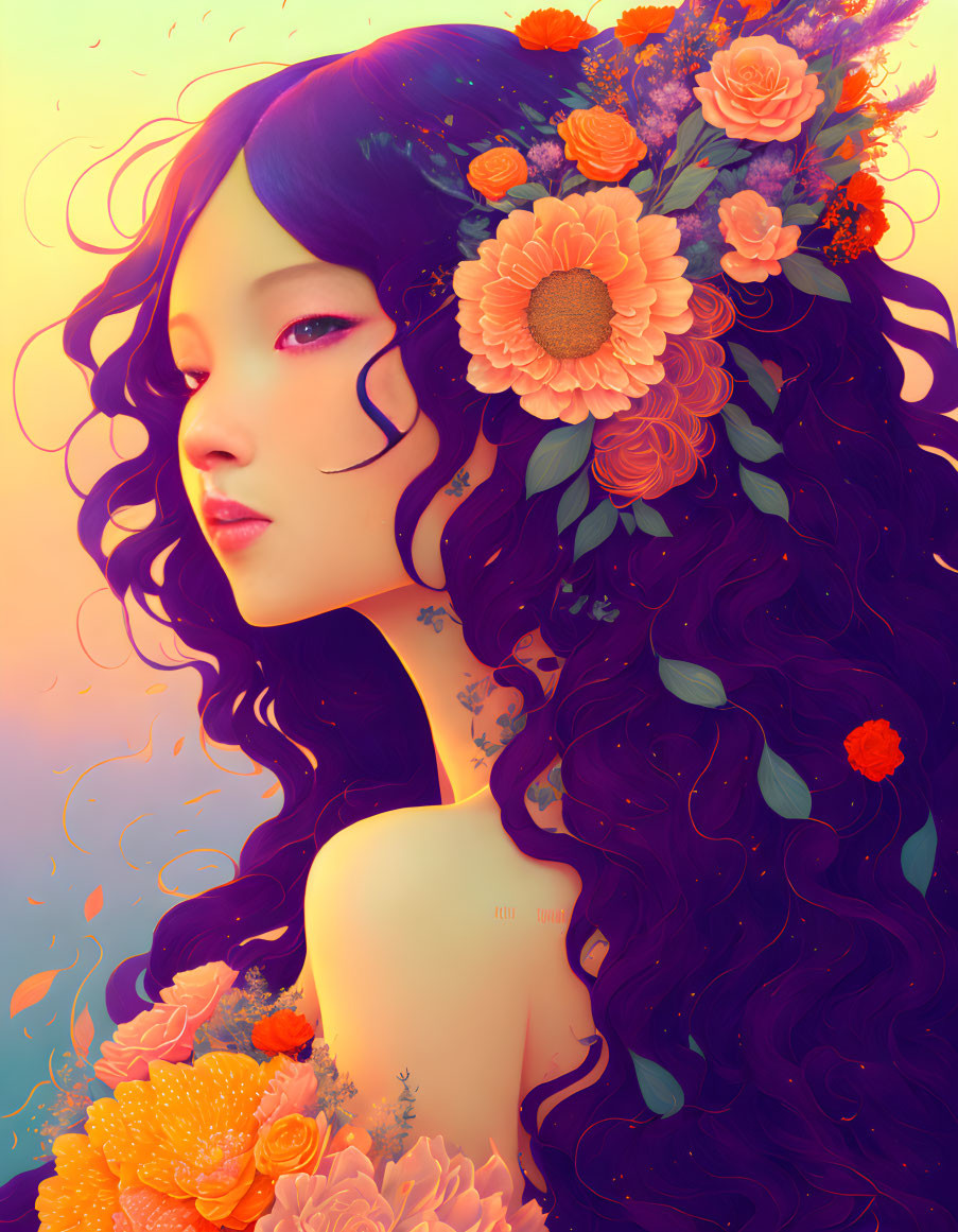 Vibrant digital illustration of woman with purple hair and colorful flowers