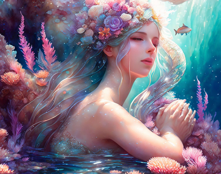 Woman with floral crown in underwater scene with marine flora and fish.