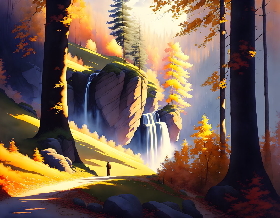 Figure in autumn forest gazes at majestic waterfall amid sunlight beams