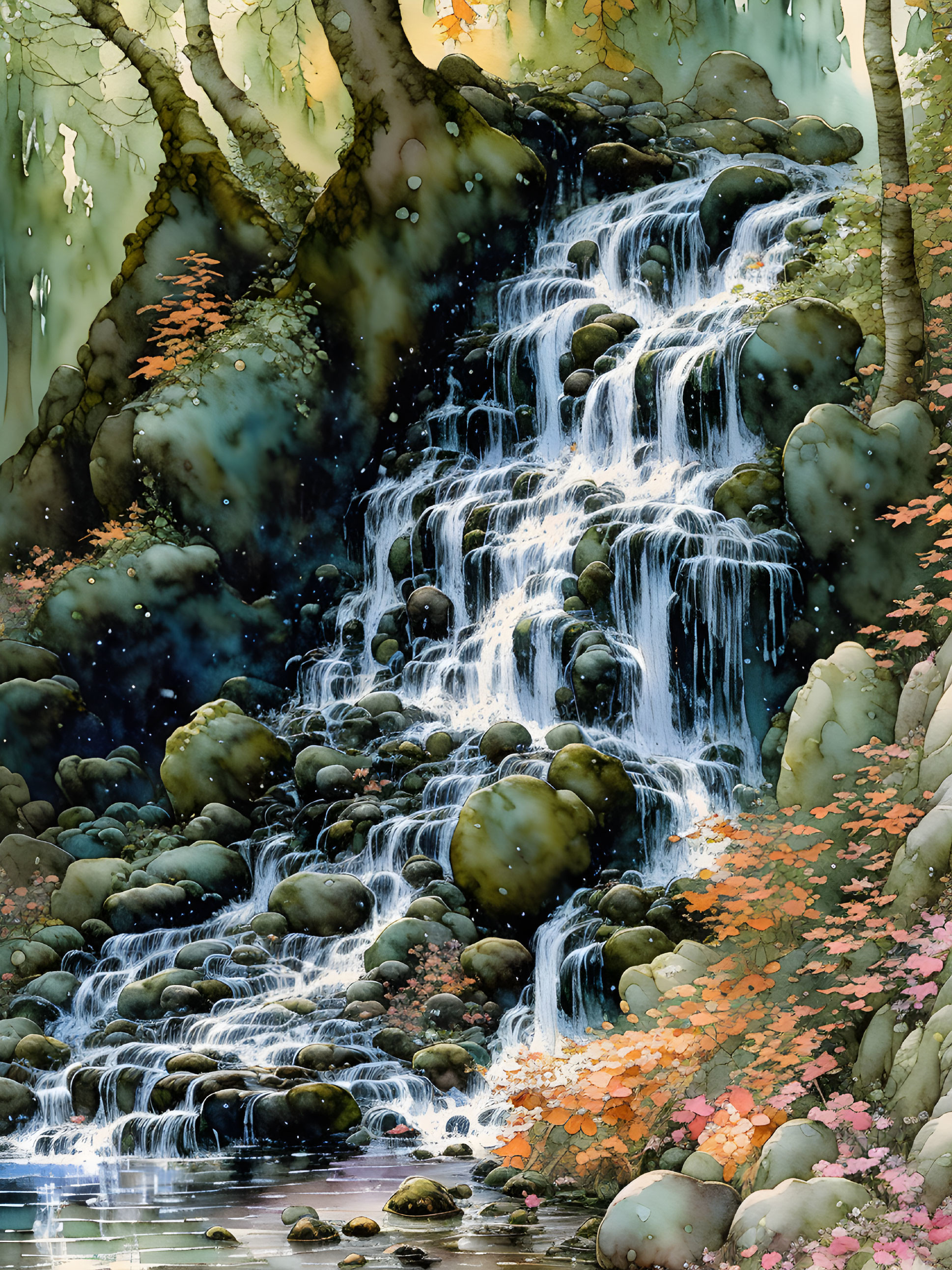 Tranquil waterfall in autumn setting with mossy rocks and foliage