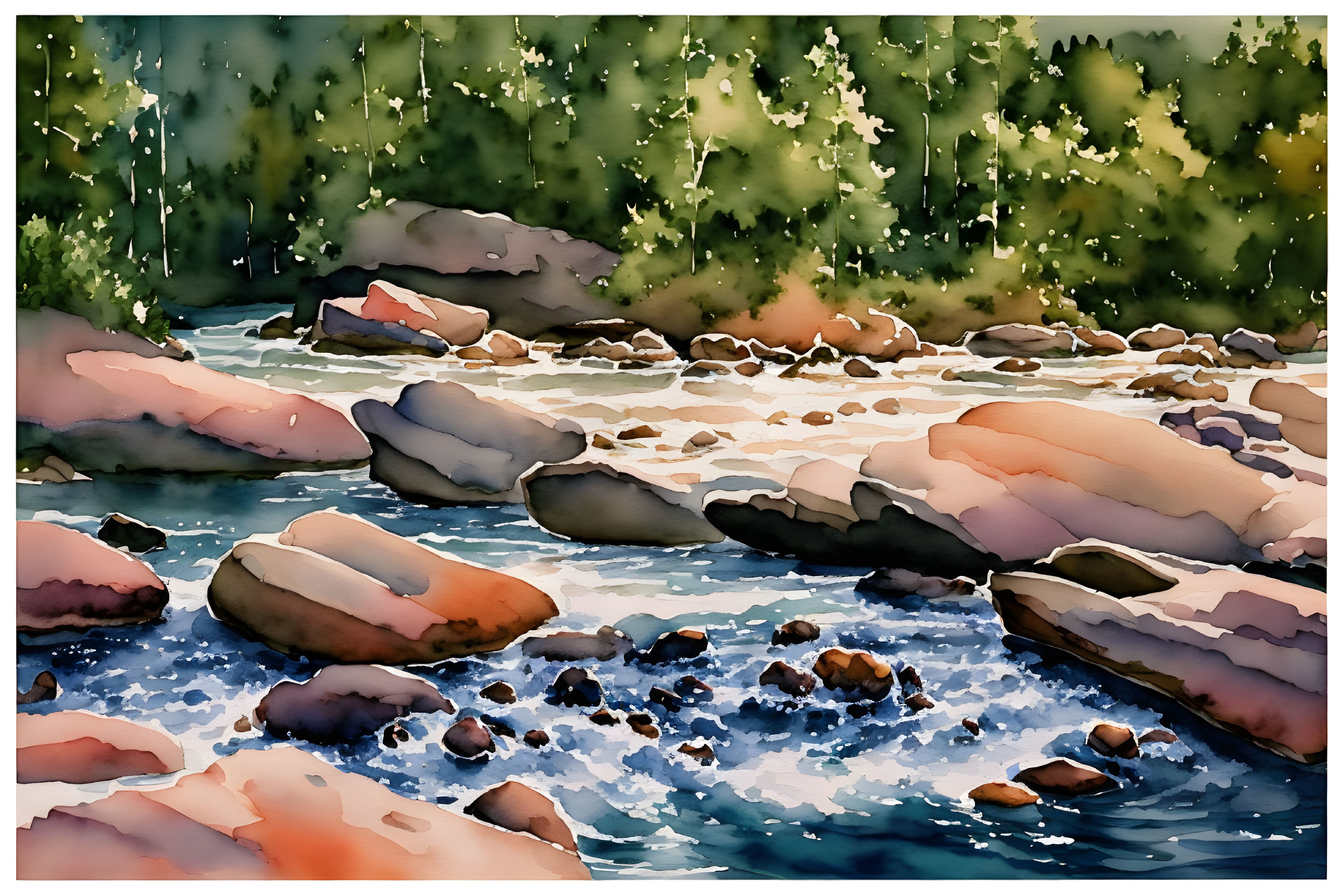 Serene river flowing over rocks in watercolor