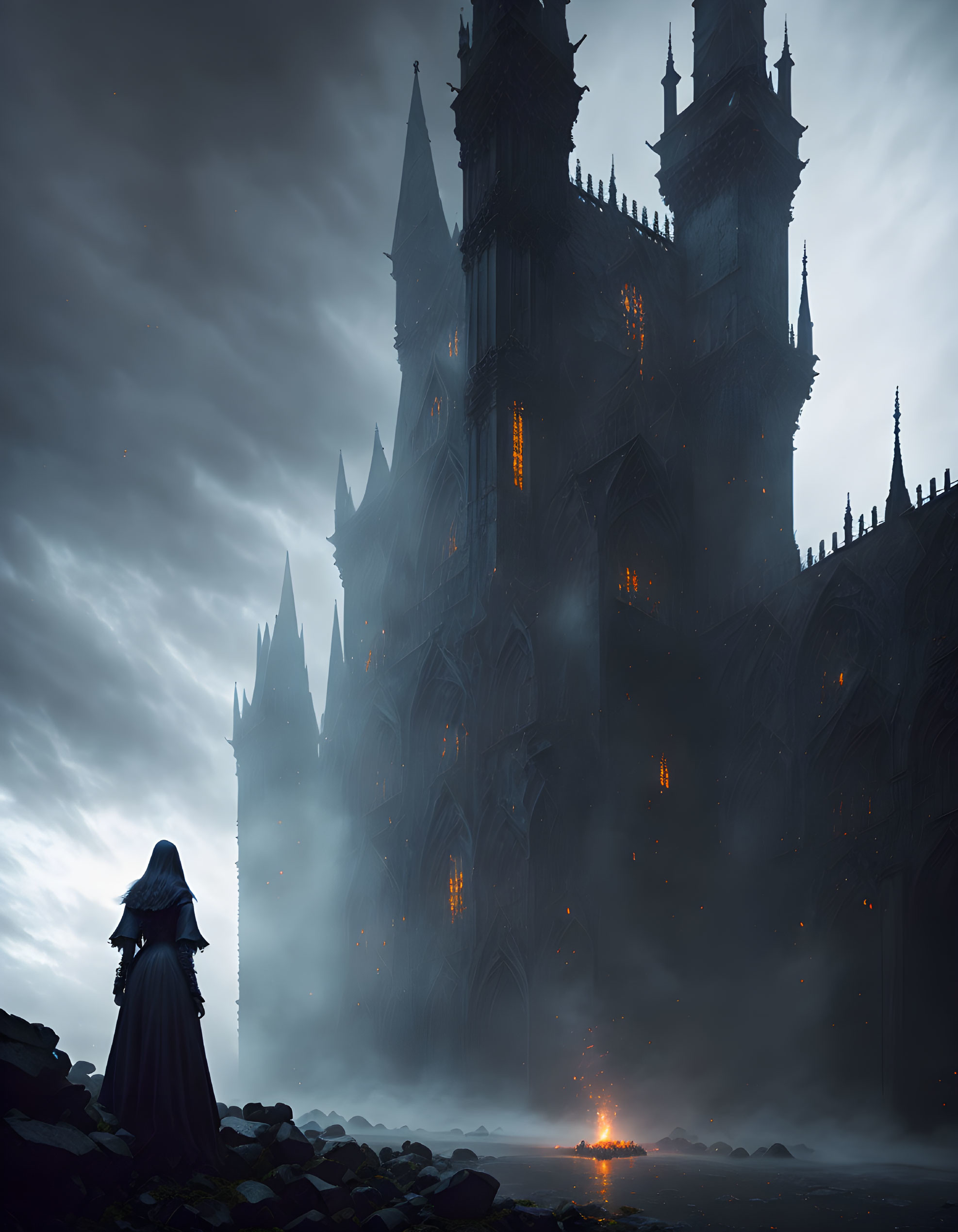 Mysterious cloaked figure at gothic castle under gloomy sky