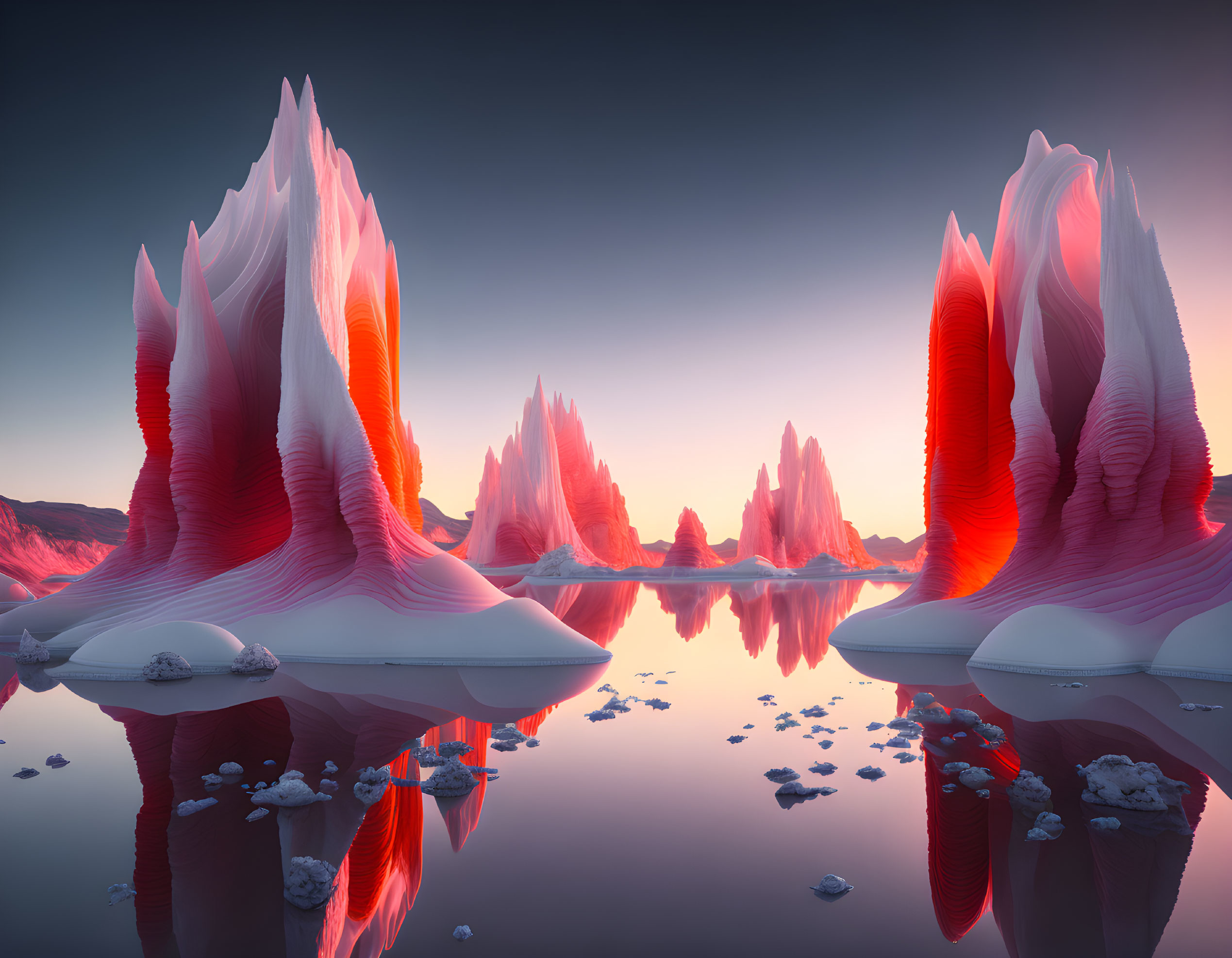 Tranquil landscape with pink and white spiked formations reflected in calm water