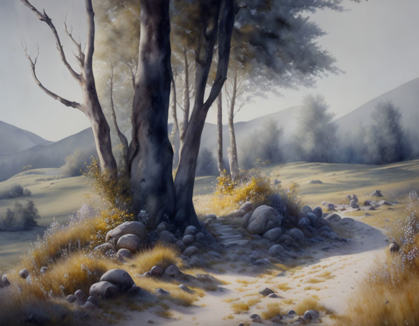 Tranquil landscape with tree, stones, path, hills, and misty mountains