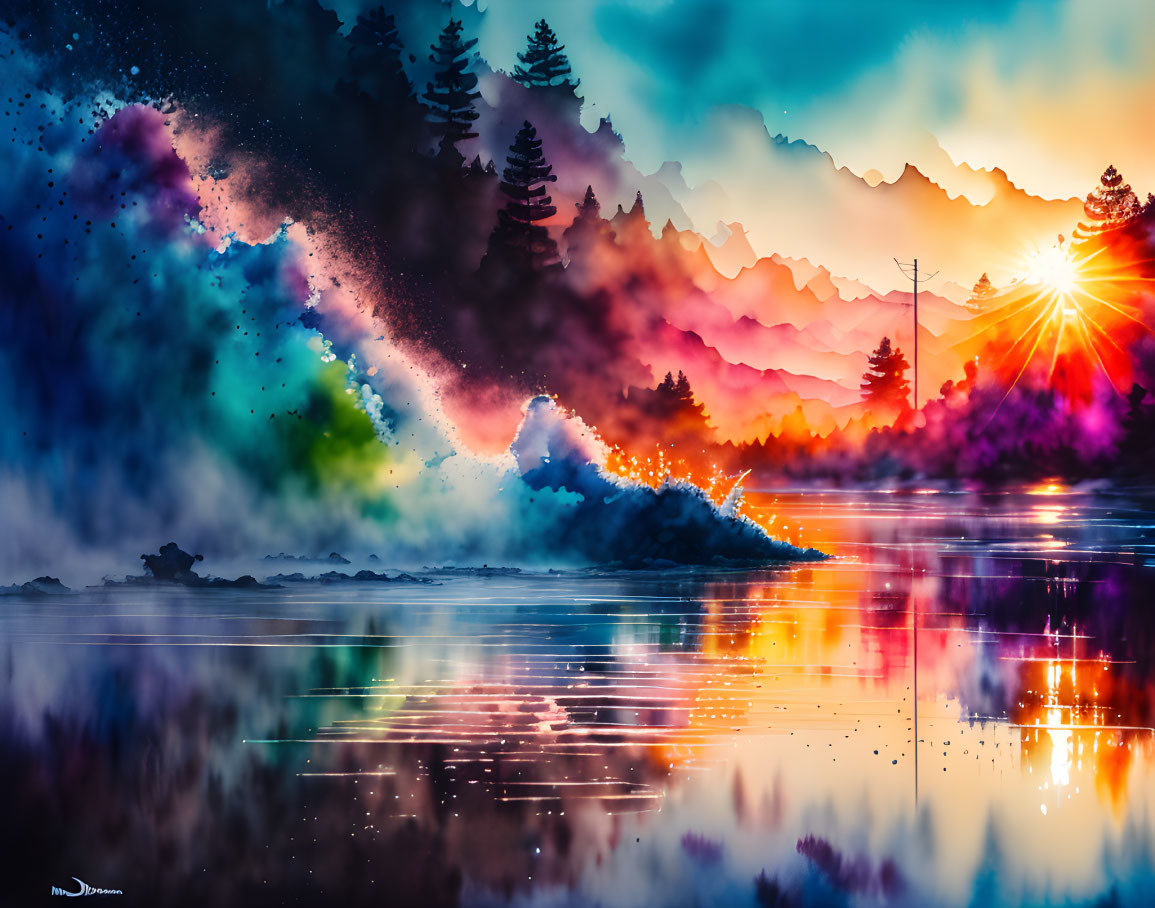 Digital artwork: Serene lakeside sunset with colorful clouds, pine tree silhouettes, and mist