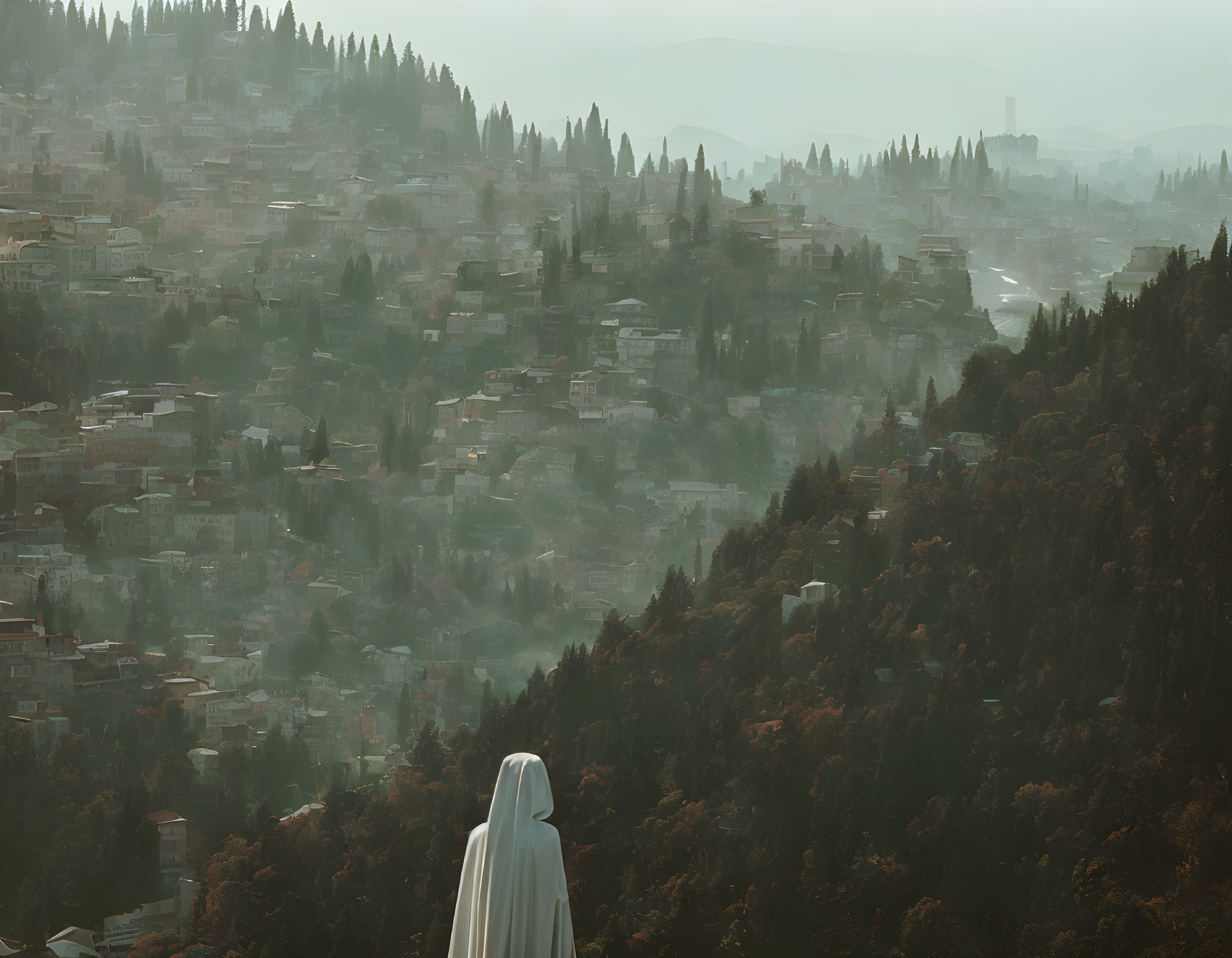 White-clad figure gazes over misty cityscape in warm light