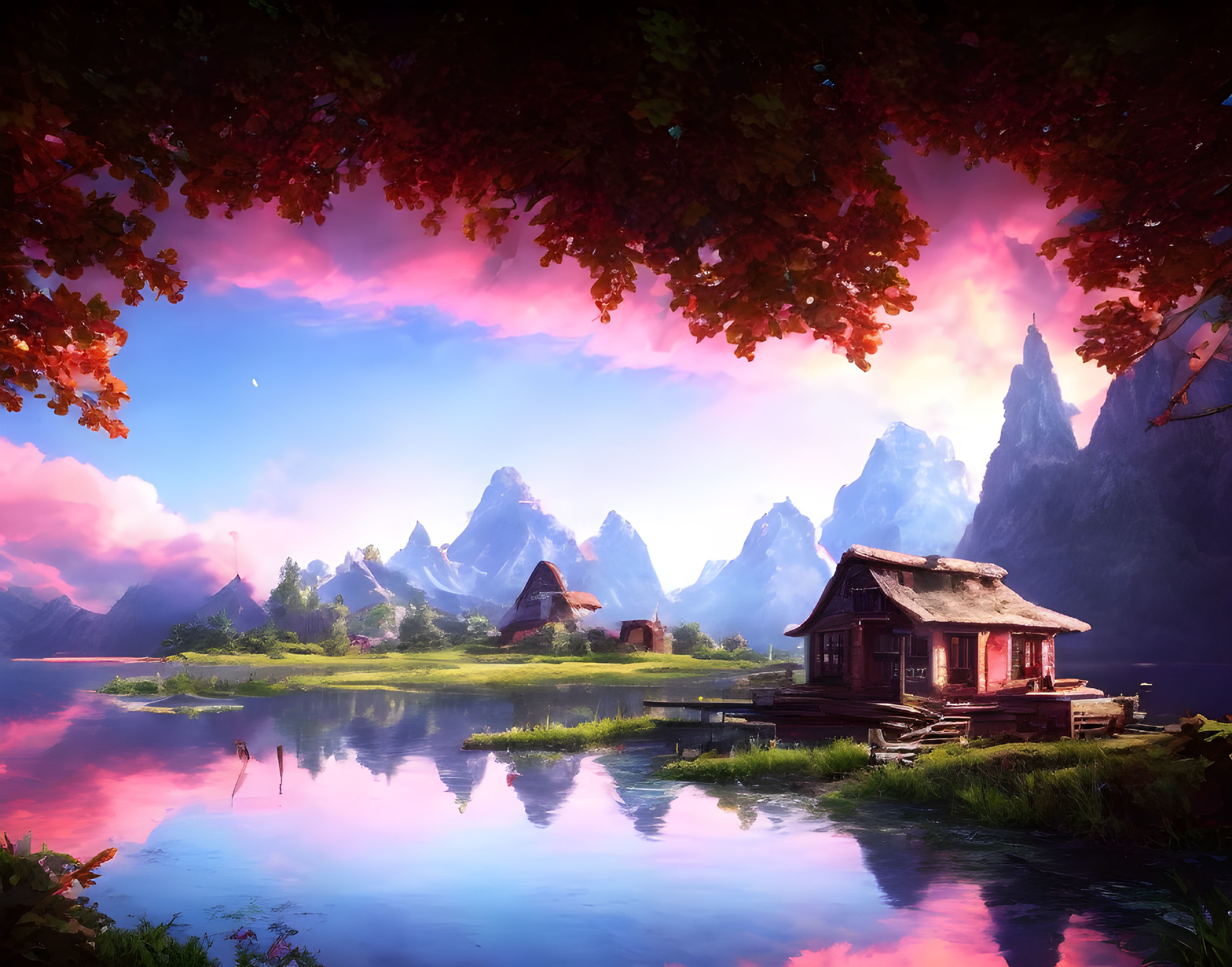 Tranquil landscape with lake, sky, house, greenery & mountains