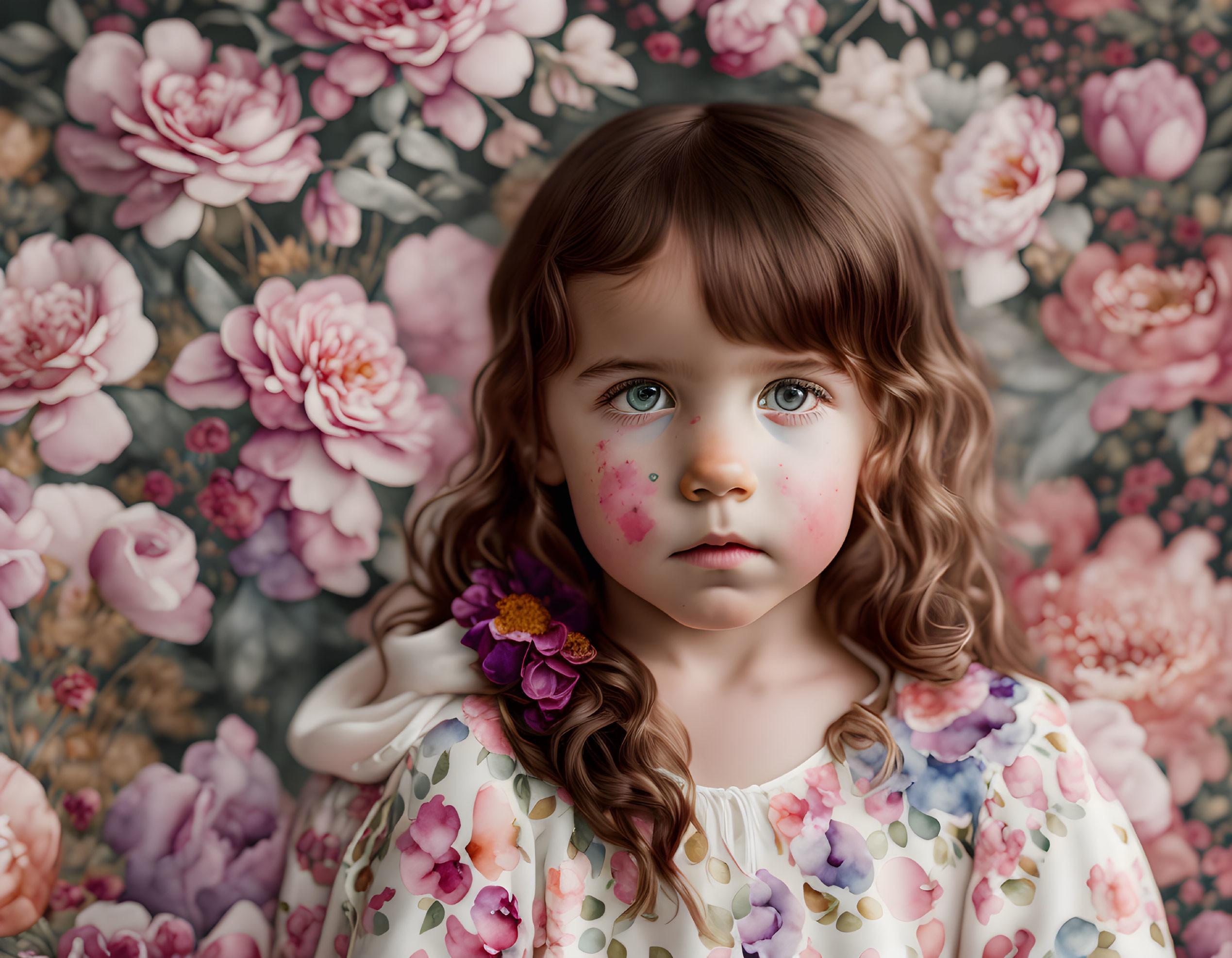 Young girl with curly hair and freckles in floral dress against floral backdrop