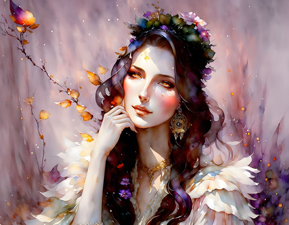 Ethereal woman with floral crown in contemplation among falling leaves and purple haze