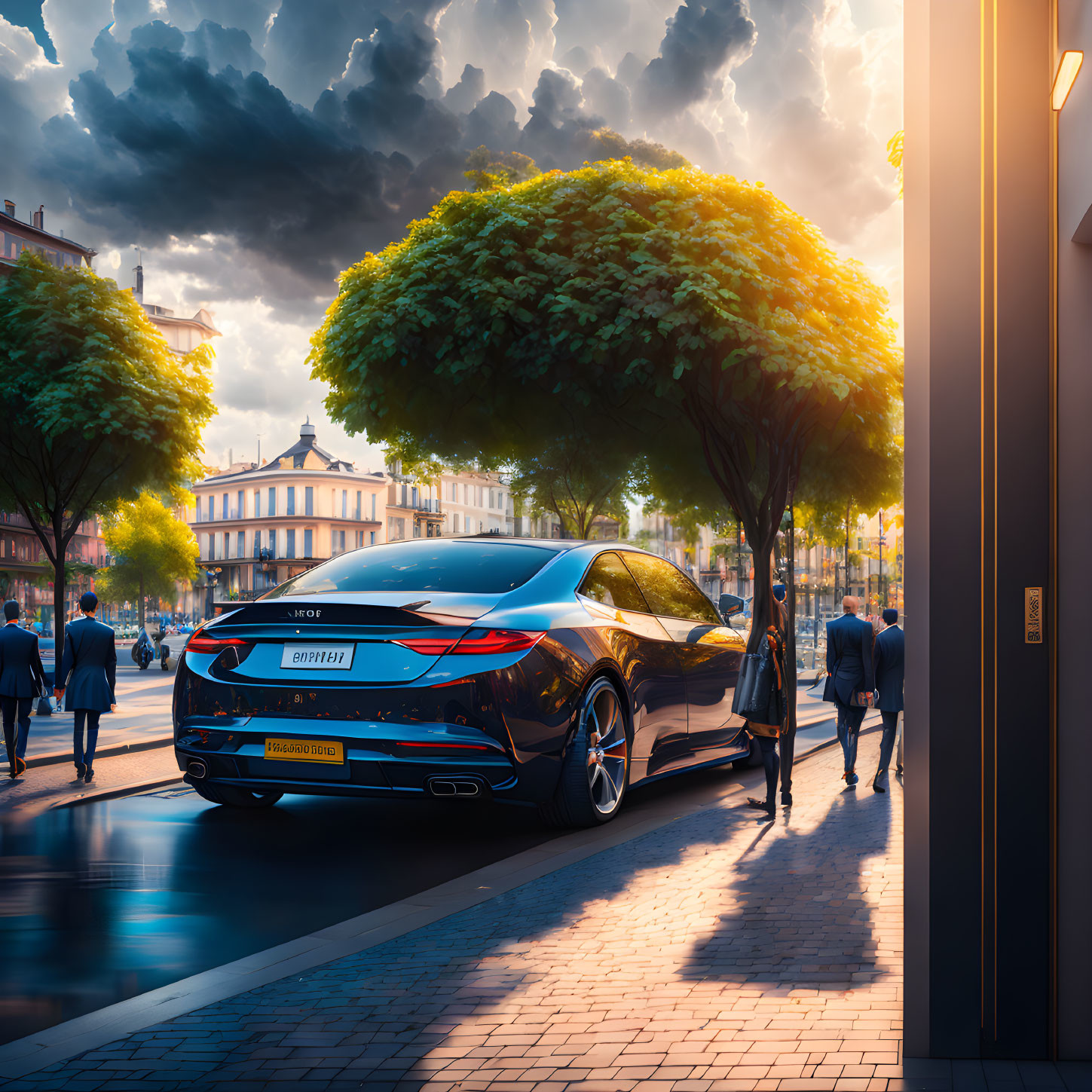 Luxury car parked on city street at sunset with pedestrians, dramatic clouds, and warm sunlight.