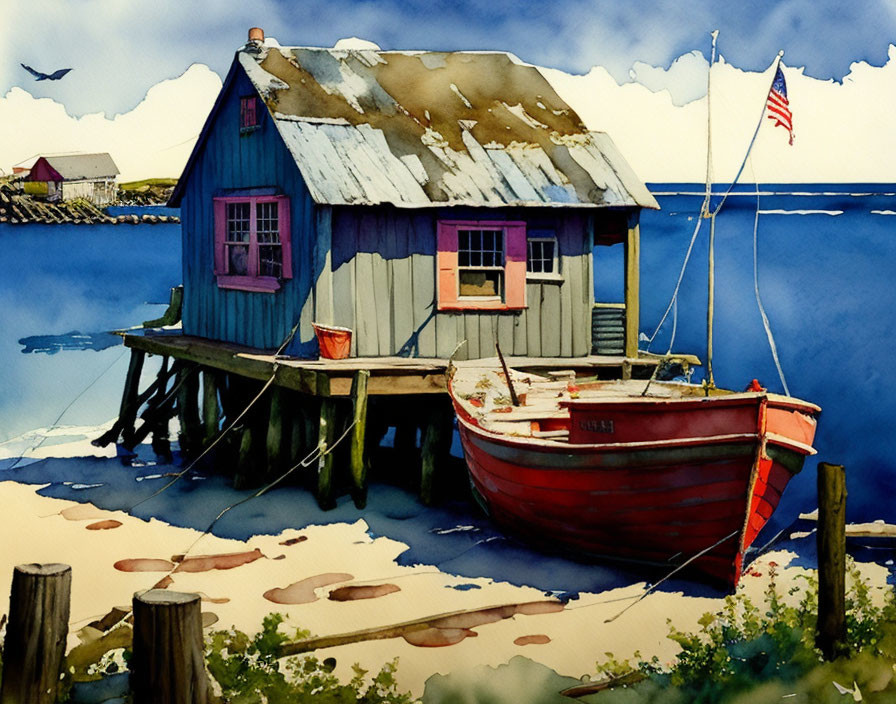 Colorful Watercolor Painting of Blue Boathouse and Red Boat by Serene Sea