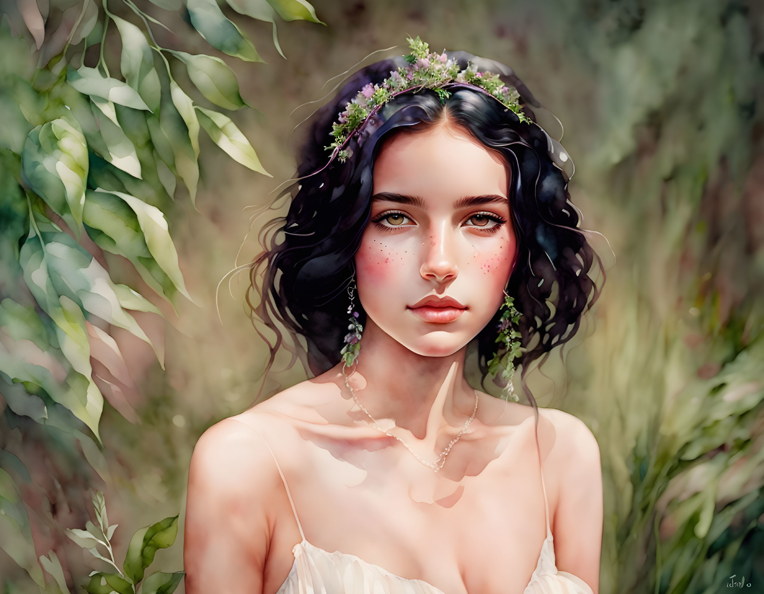 Dark Curly-Haired Woman with Flower Crown in Nature Setting