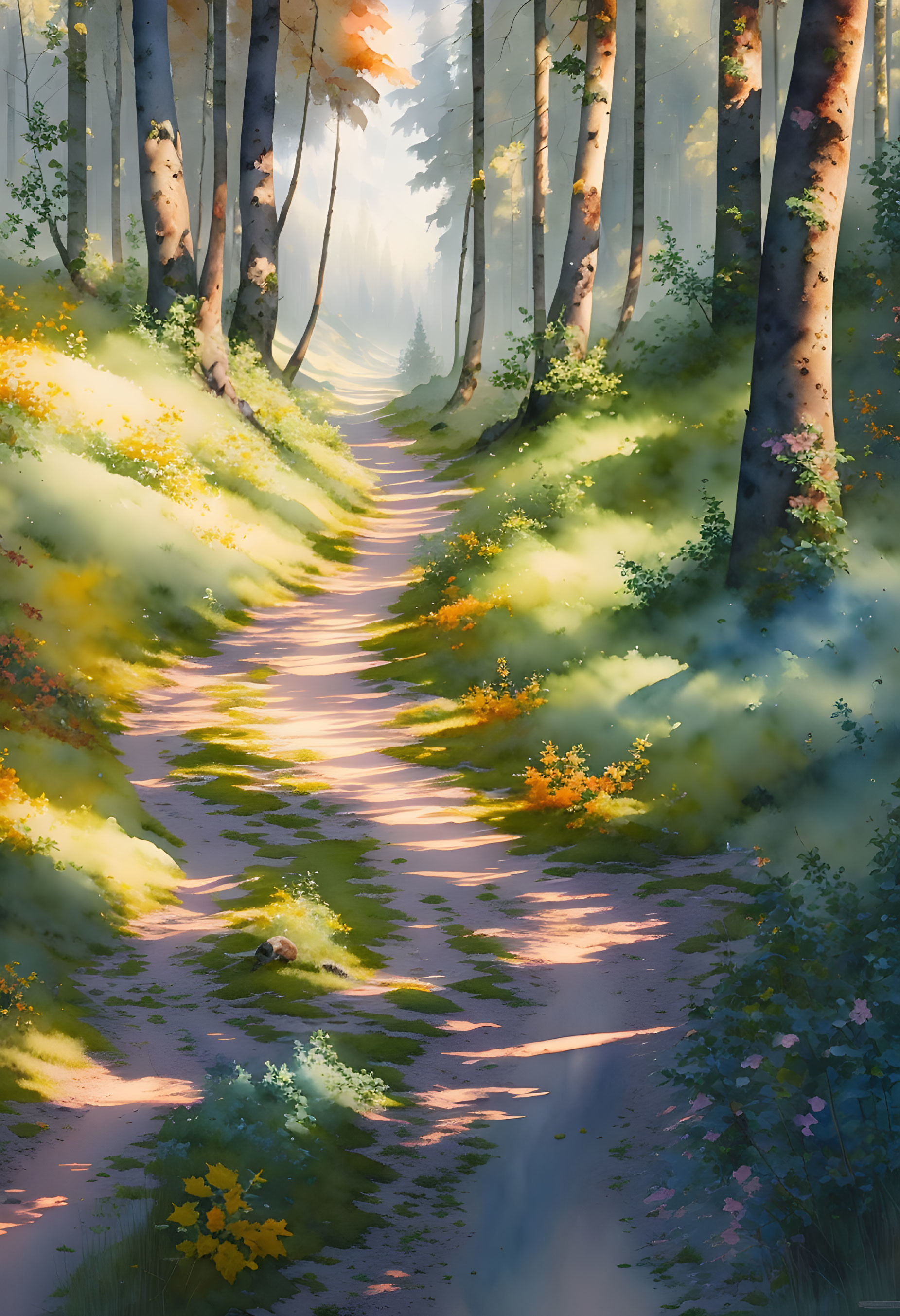 Sunlit Forest Path with Golden Light and Lush Greenery