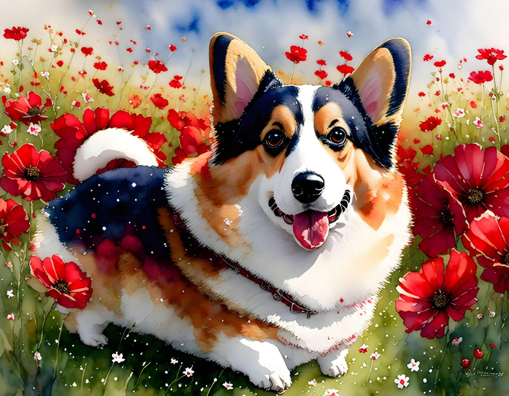 Cheerful Corgi in Colorful Floral Scene