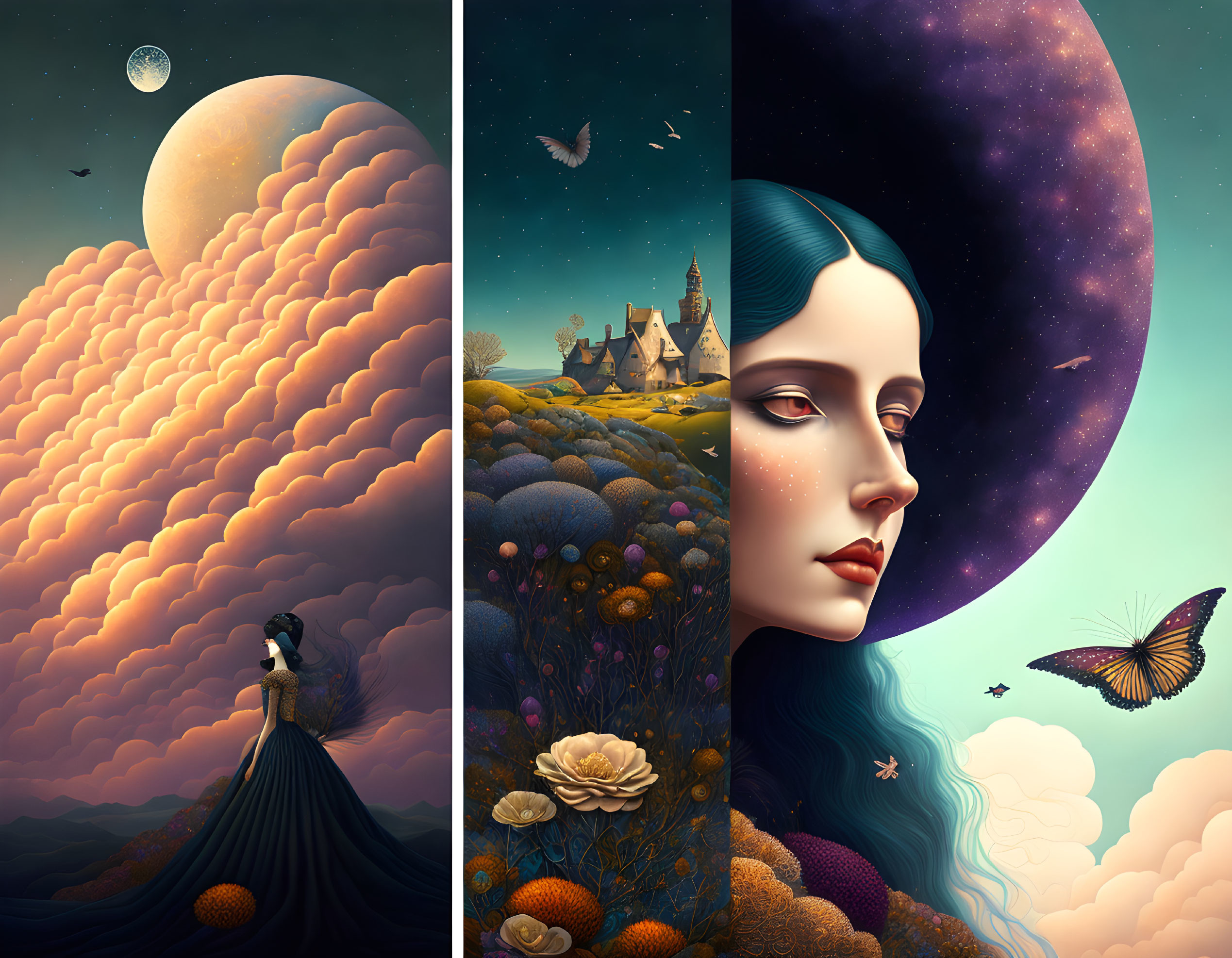 Triptych digital art: majestic landscape, surreal elements, woman's silhouette, whimsical flora,