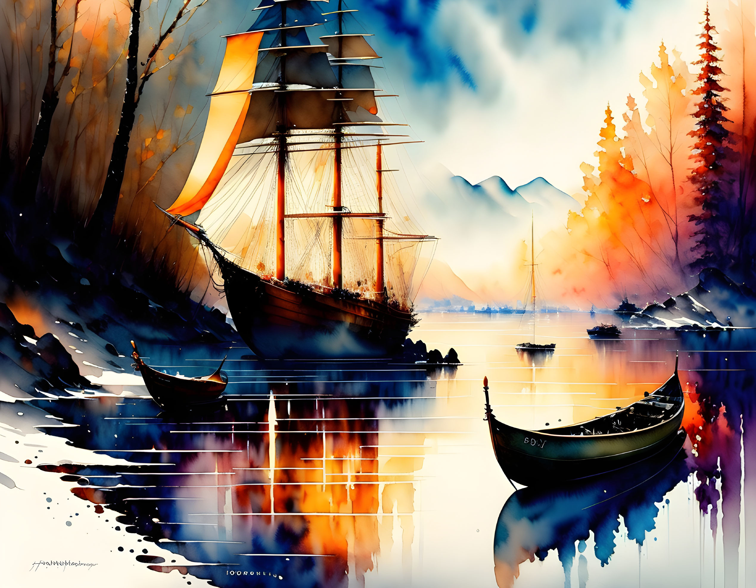 Sailboat digital painting: Tranquil water, autumn trees, sunset sky