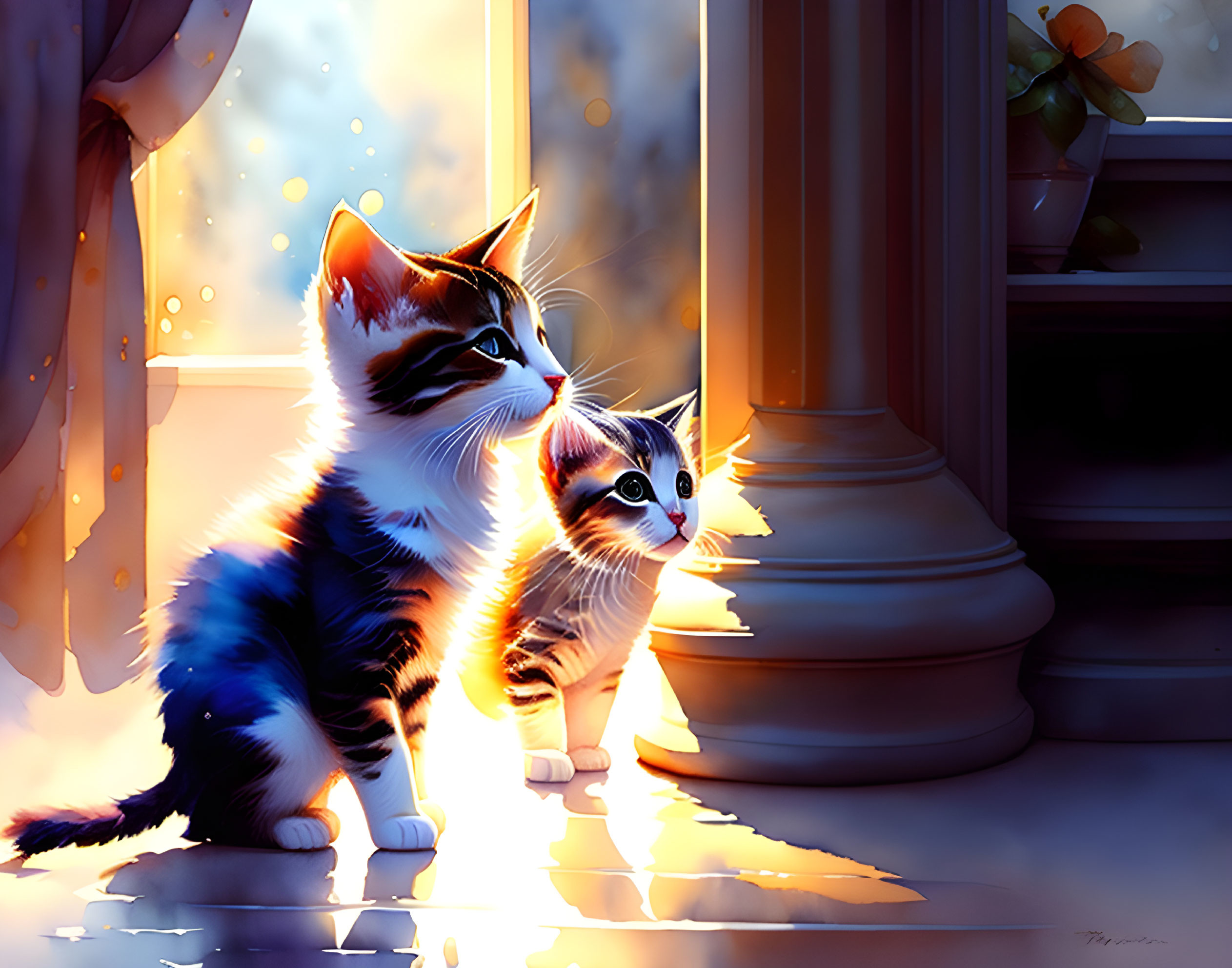 Two cats basking in golden sunlight near a window at sunset