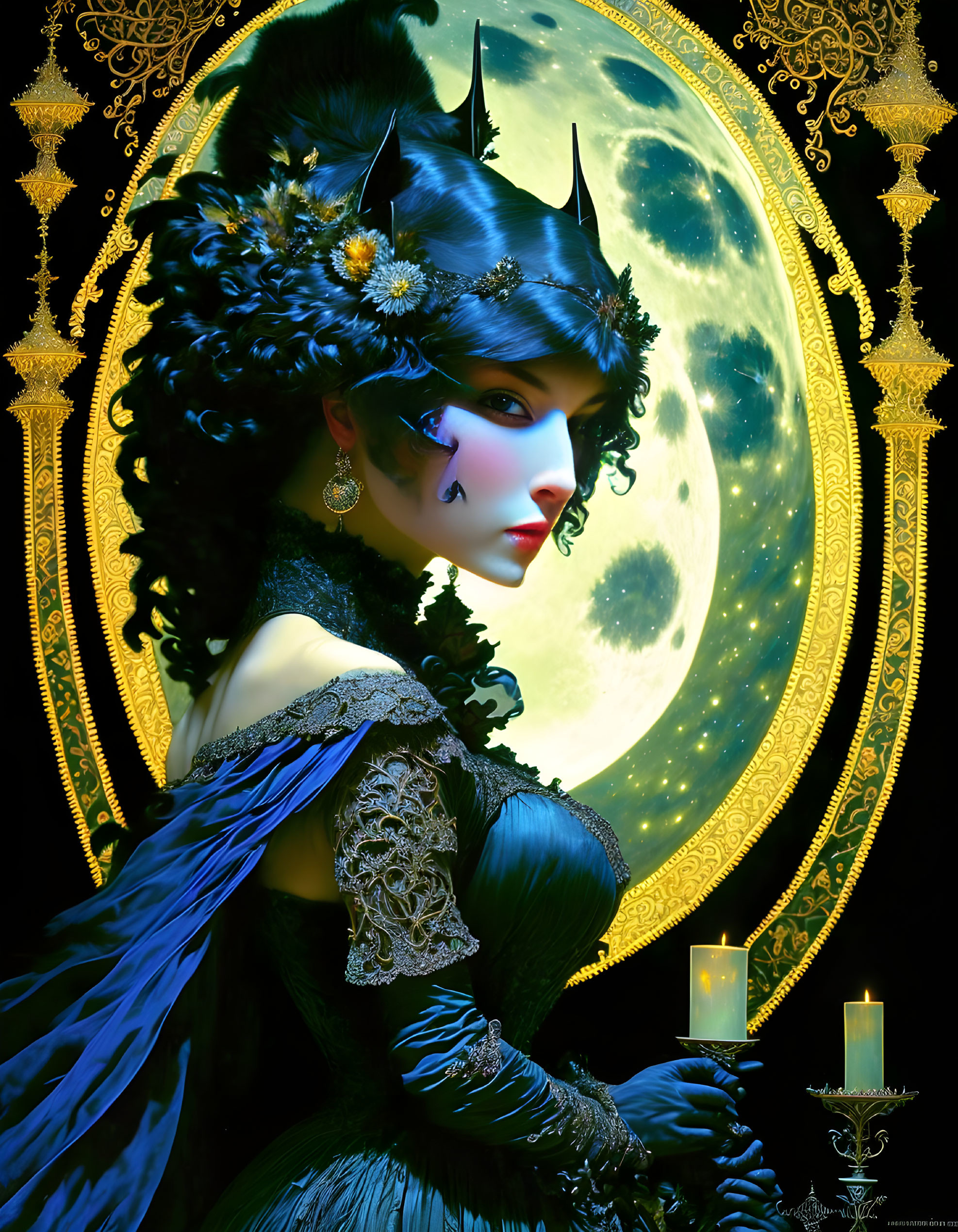 Gothic fantasy woman in dark attire with cat-like features against moon backdrop